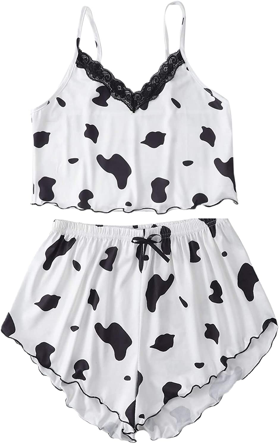 Shein Women'S Cow Print Sleepwear Lace Frill Trim Crop Cami Top and Shorts Pajama Set Apparel & Accessories > Clothing > Sleepwear & Loungewear Kylie Max