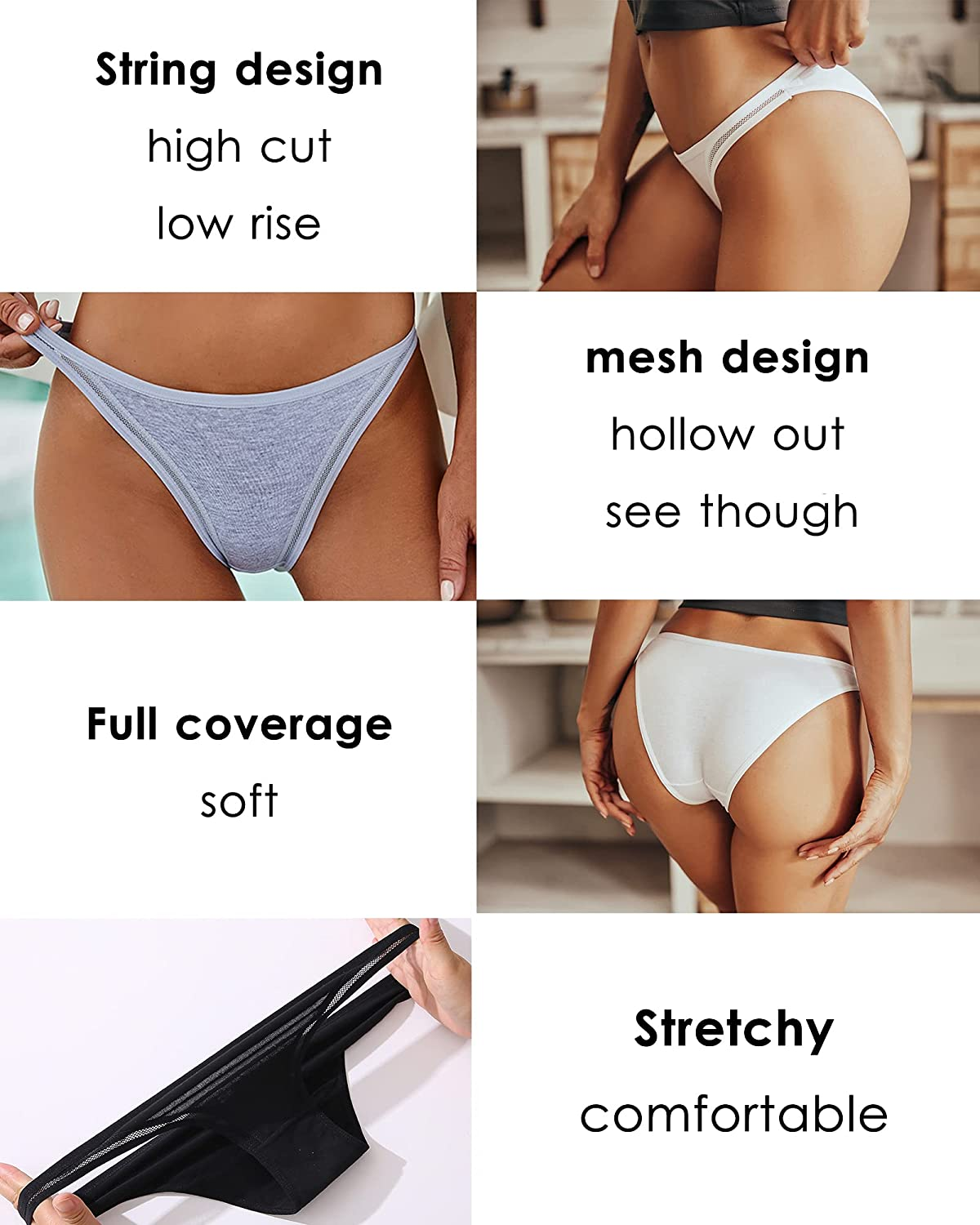 FINETOO 6 Pack Cotton Underwear for Women, Breathable Soft Stretch Hipster High Cut Cheeky String Bikini Panties  KYLIE MAX