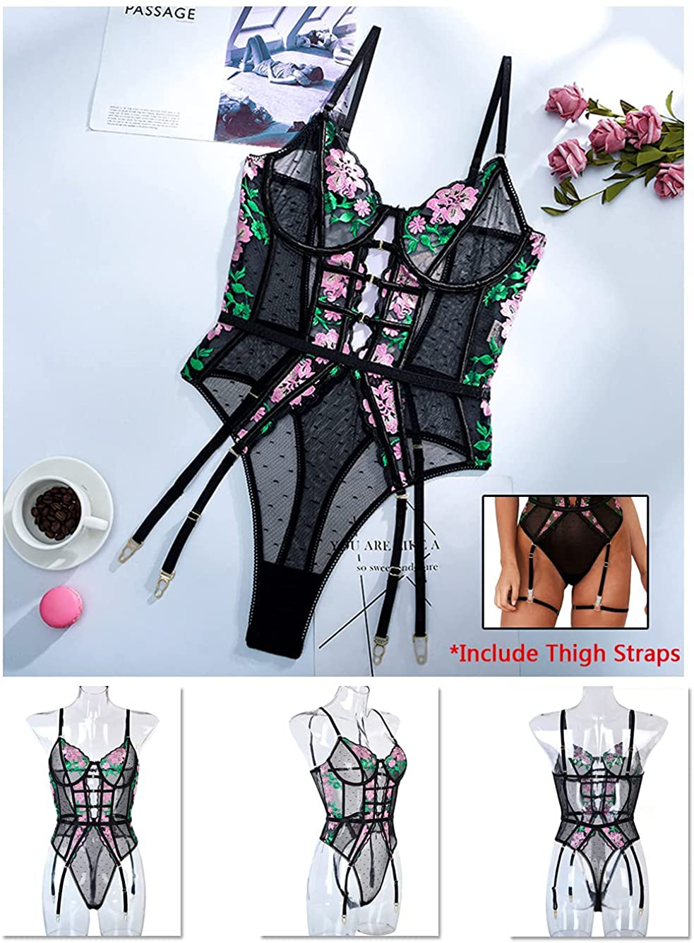 Teddy Lingerie for Women,Embroidered Sexy Floral Lace Bodysuit,Snap Crotch One Piece Body Suit Apparel & Accessories > Clothing > Underwear & Socks > Lingerie Kaei&Shi