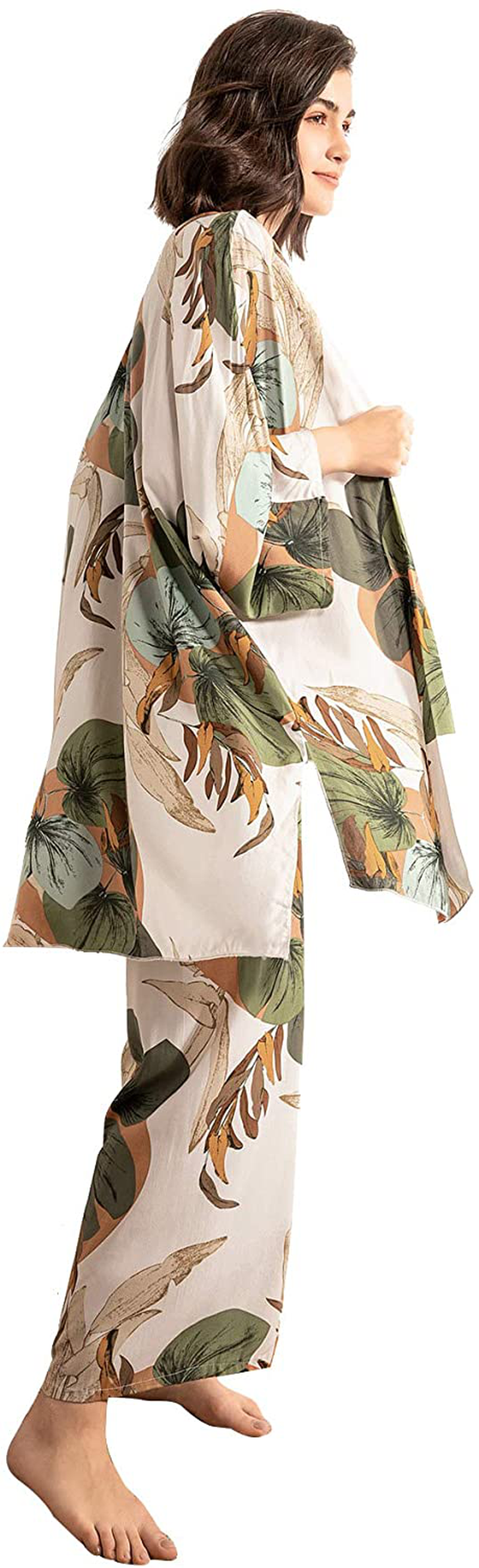 WDIRARA Women'S 3 Pcs Sleepwear Leaf Print Cami and Pants Pajama Set with Robe Apparel & Accessories > Clothing > Sleepwear & Loungewear Kylie Max