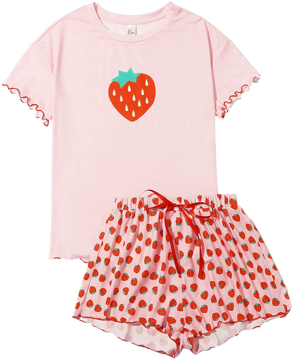 DIDK Women's Cute Cartoon Print Tee and Shorts Pajama Set Apparel & Accessories > Clothing > Sleepwear & Loungewear > Pajamas DIDK Strawberry Pink X-Large