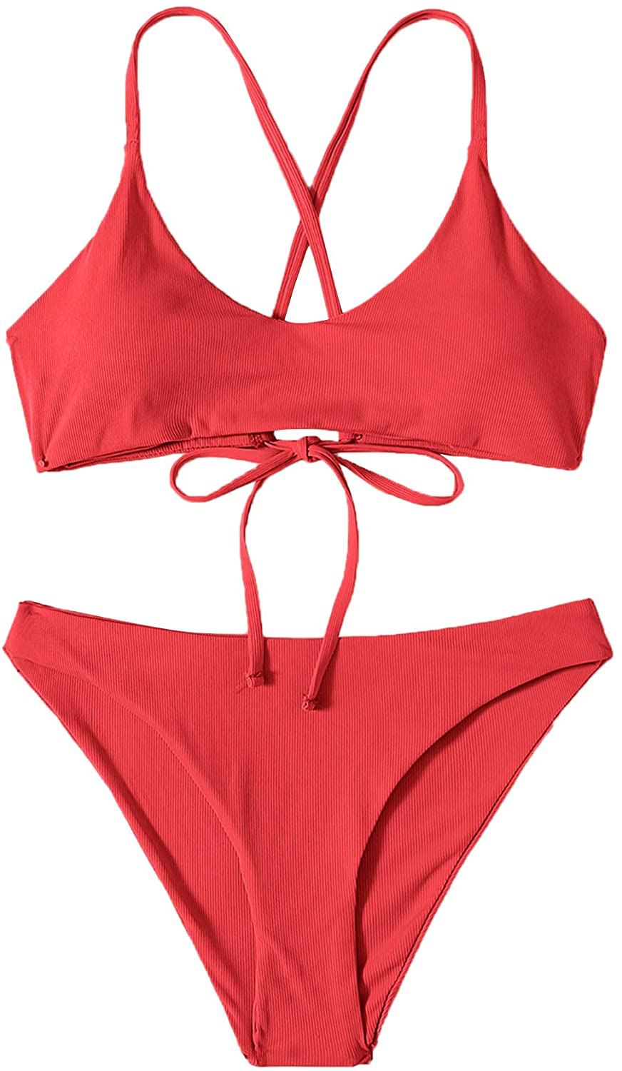 SweatyRocks Women's Bathing Suits Spaghetti Strap Criss Cross Back Bikini Ribbed Swimsuit Apparel & Accessories > Clothing > Swimwear SweatyRocks Solid Red Small