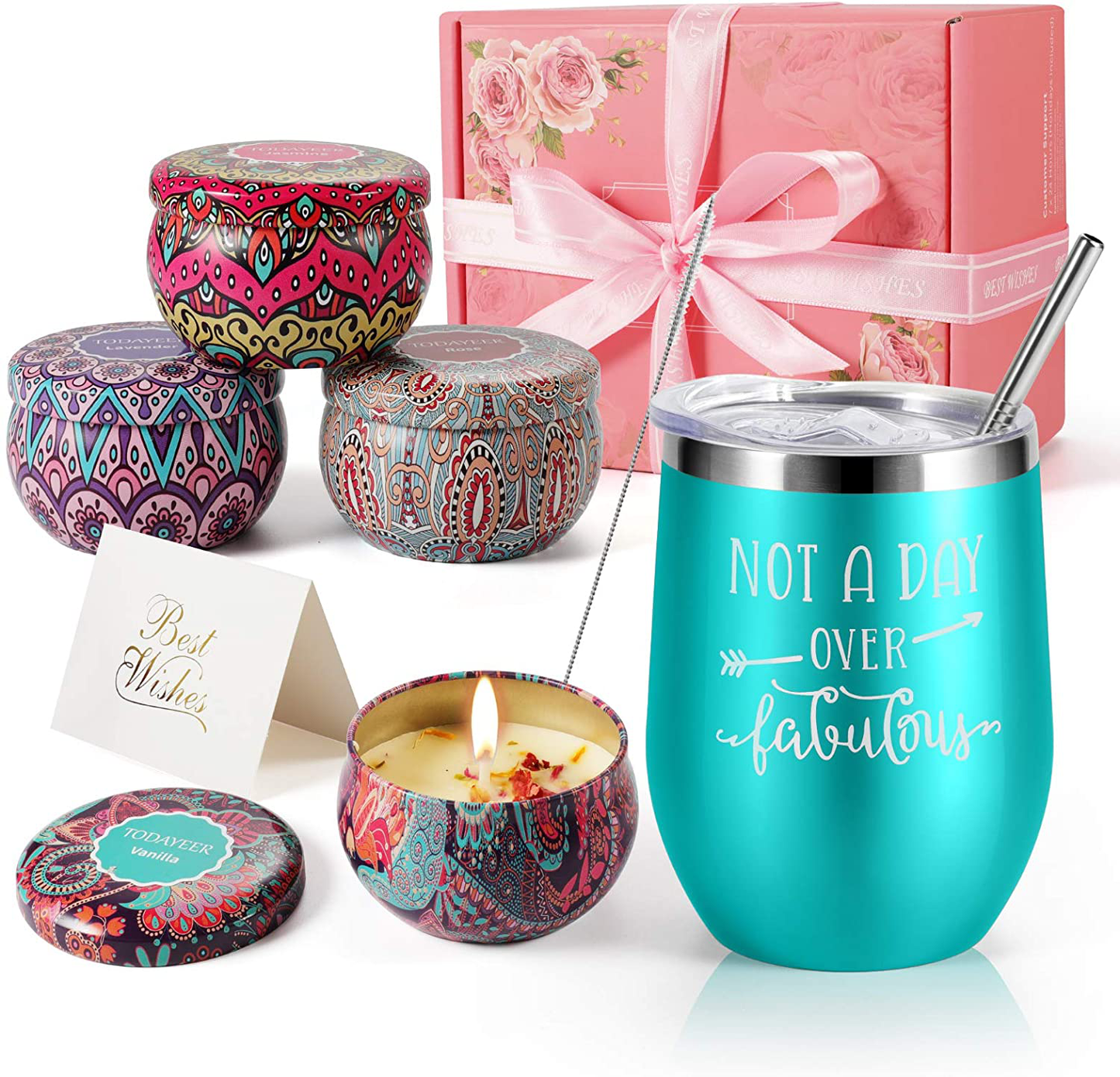 Birthday Gifts for Women - Insulated Wine Tumbler Rose Gold and Candles 4 Pack Gift Bath Set Gifts for Women - Stainless Steel Wine Tumbler with Lid - Best Relaxing Spa Gift Box Basket Present Arts & Entertainment > Party & Celebration > Gift Giving TODAYEER Blue