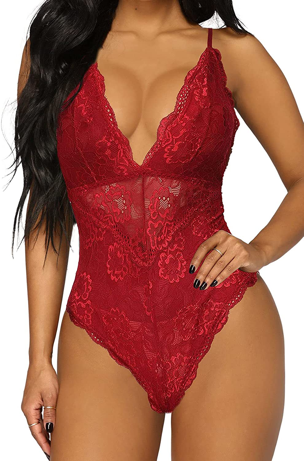 Aranmei Women Deep V Sexy Lace Bodysuit Snap Crotch Lingerie Teddy Underwear Apparel & Accessories > Clothing > Underwear & Socks > Lingerie Aranmei Red Large