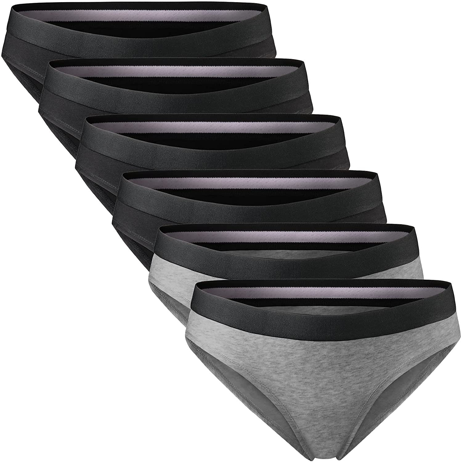 DANISH ENDURANCE Organic Cotton Stretch Bikini Panties 6-Pack for Women, OEKO-TEX, Comfy & Classic Underwear  KYLIE MAX Multicolor (4 X Black, 2 X Dark Grey/Black Waistband) Large