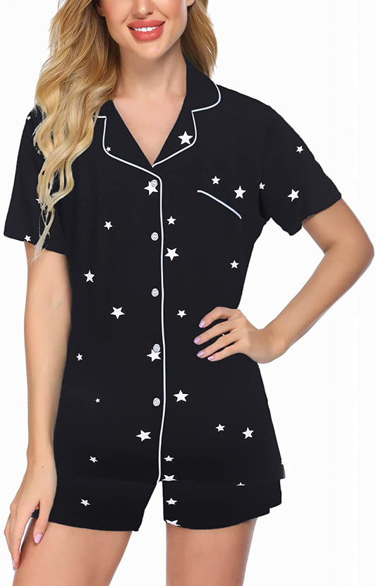Ekouaer Pajamas Set Short Sleeve Sleepwear Womens Button Down Nightwear Soft Pj Lounge Sets XS-XXL Apparel & Accessories > Clothing > Sleepwear & Loungewear > Pajamas Ekouaer Pat27-black With Stars X-Large