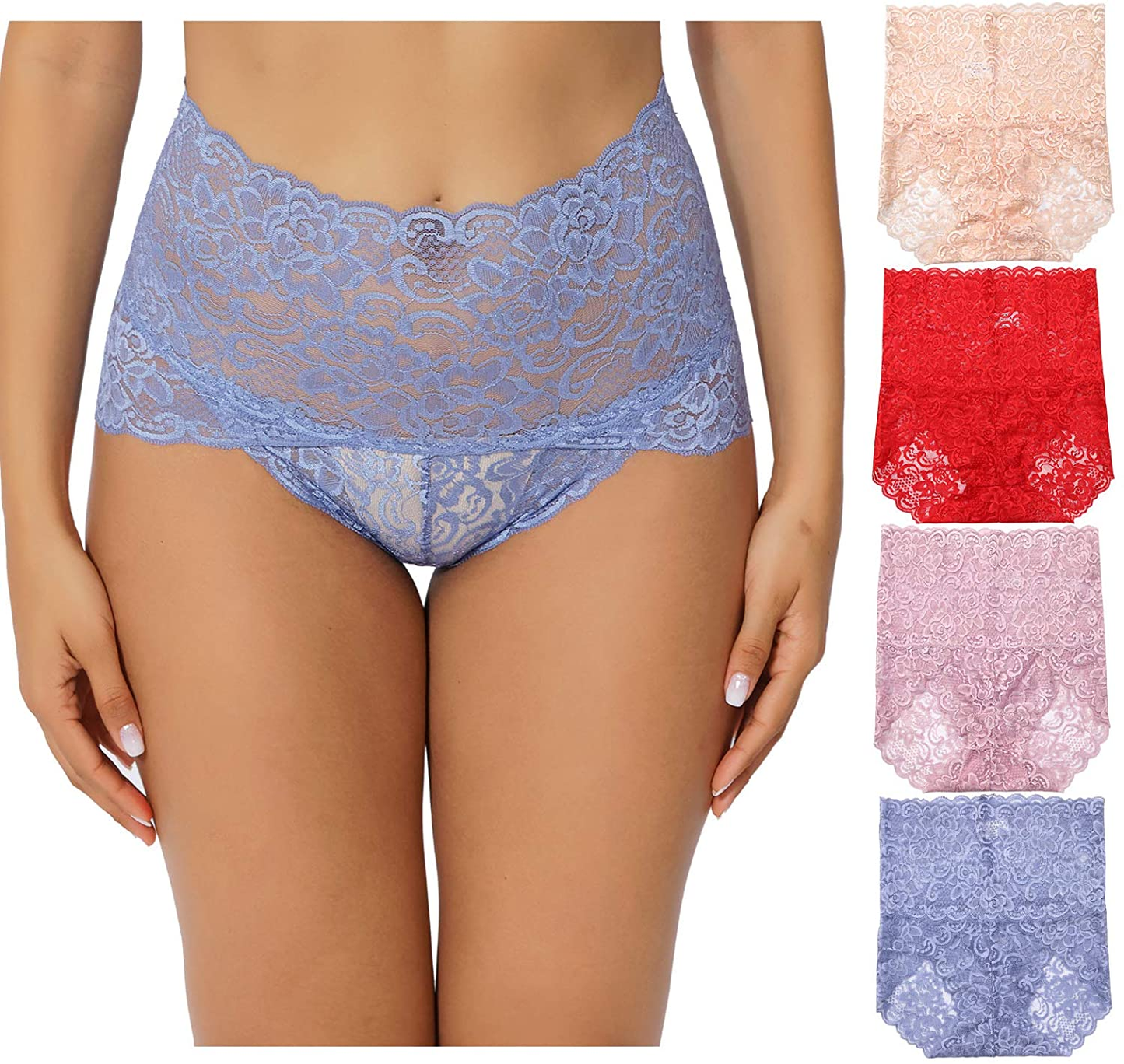 KYY Women'S Lace Underwear High Waist Sexy Panties Full Coverage Briefs 4 Pack Apparel & Accessories > Clothing > Underwear & Socks > Underwear KYY Light Blue/Light Purple/Red/Skin 3X-Large