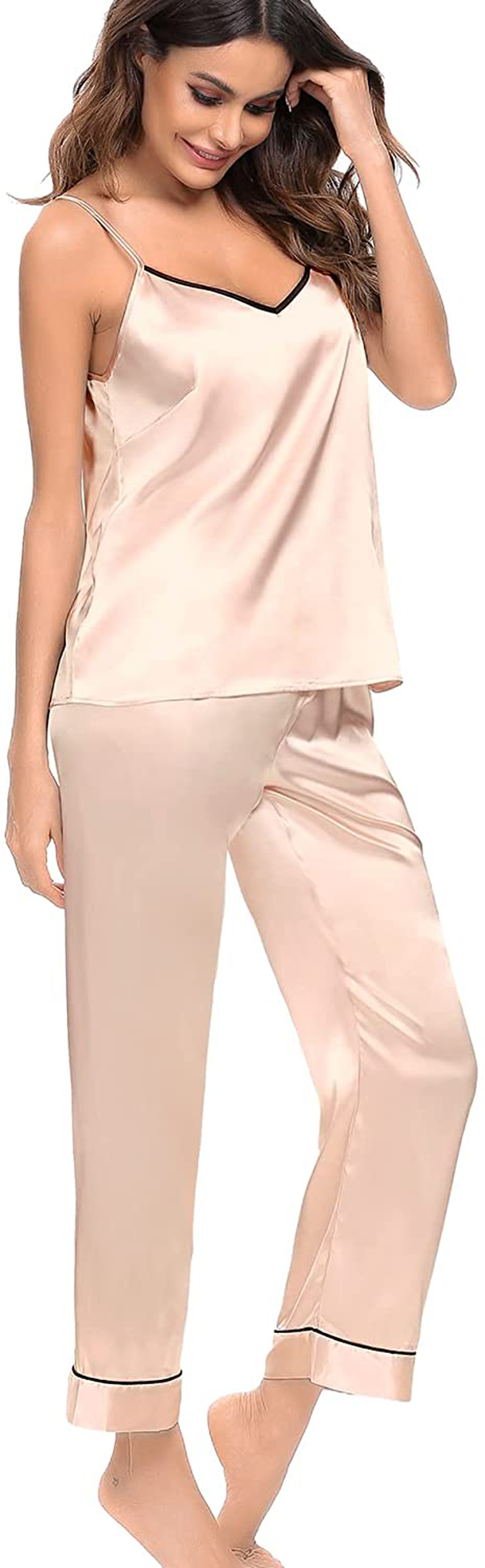 SWOMOG Womens Silk Satin Pajamas Set Two-Piece Pj Sets Cami Top and Capris Pants Sleepwear Apparel & Accessories > Clothing > Sleepwear & Loungewear Kylie Max