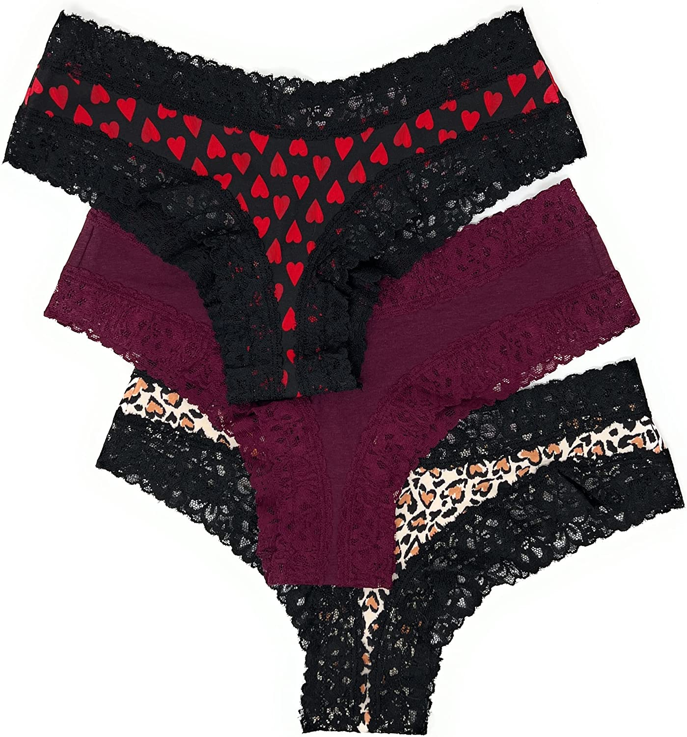 Victoria'S Secret Lace Cheeky Panty Set of 3 Apparel & Accessories > Clothing > Underwear & Socks > Underwear Victoria's Secret Black Red Hearts / Wine / Brown Heart Leo Large