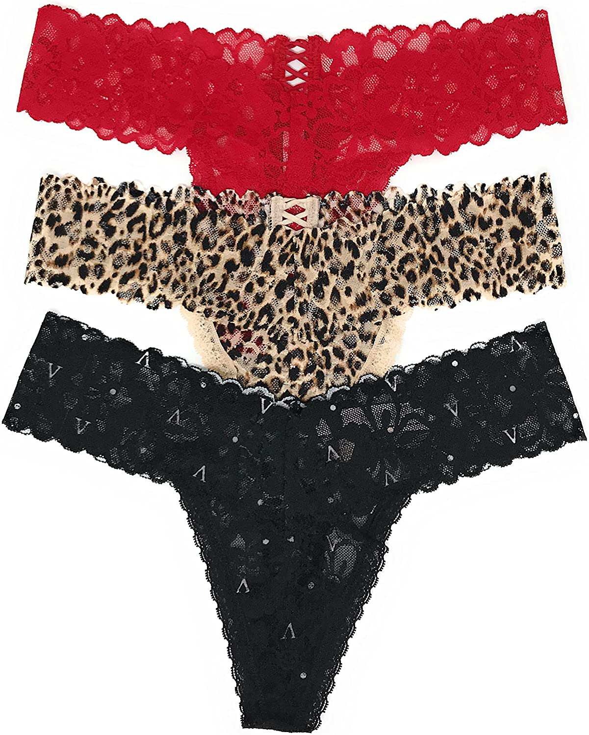 Victoria's Secret The Lacie Thong Panty Set of 3 Apparel & Accessories > Clothing > Underwear & Socks > Underwear Victoria's Secret Red Cross / Leo Cross / Black V Dot Small