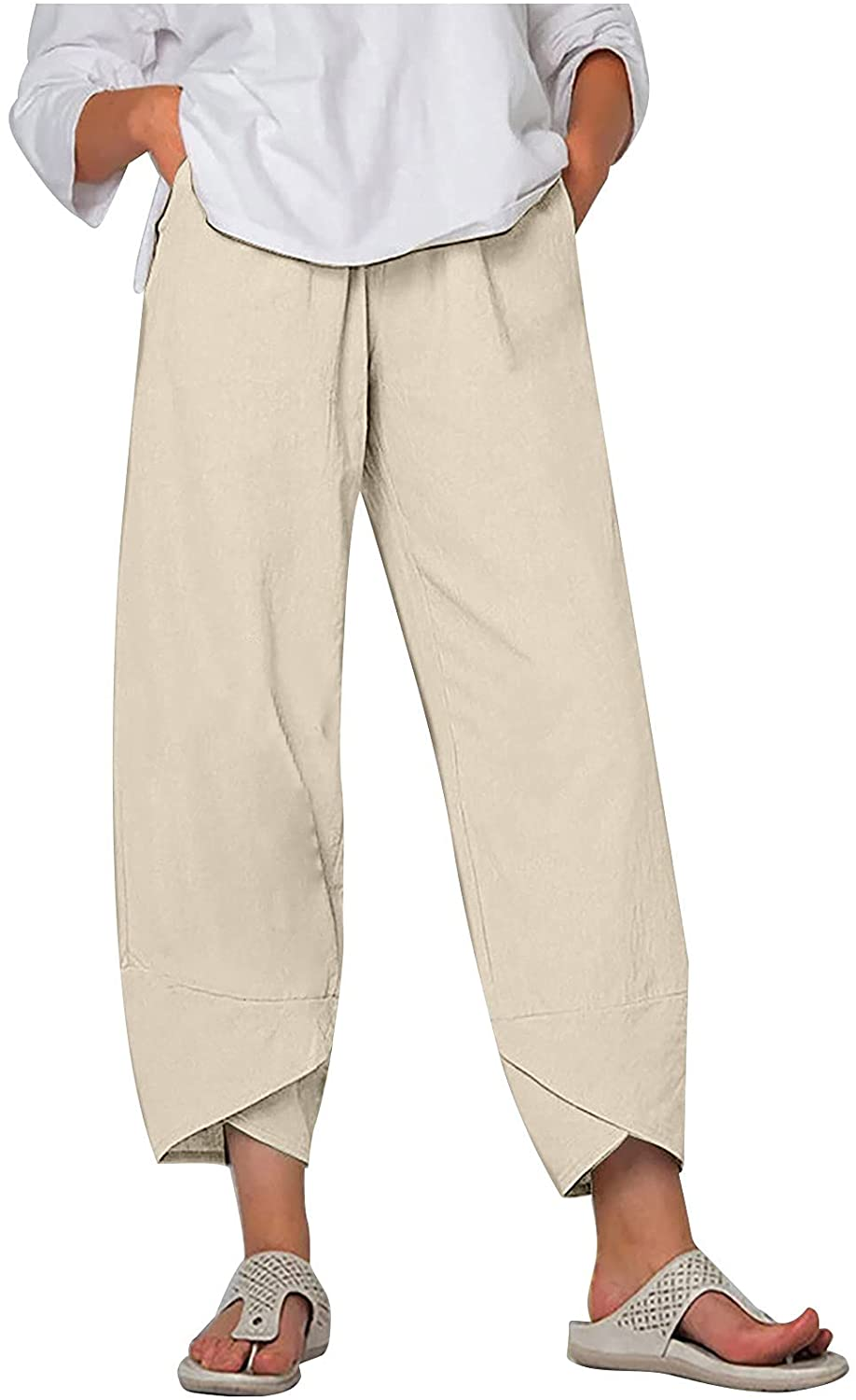 Burband Womens Summer Baggy Cotton Linen Cropped Work Pants Casual Drawstring Loose Beach Yoga Harem Pants plus Size S-6XL Apparel & Accessories > Clothing > Underwear & Socks > Shapewear Burband Beige 3X-Large