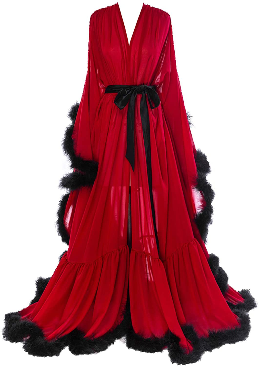 Molisa Women'S Sexy Feather Bridal Robe Long Wedding Scarf Illusion Bathrobe Sleepwear Lingerie Robe Nightgown Apparel & Accessories > Clothing > Sleepwear & Loungewear > Robes Molisa Burgundy+black Large-X-Large