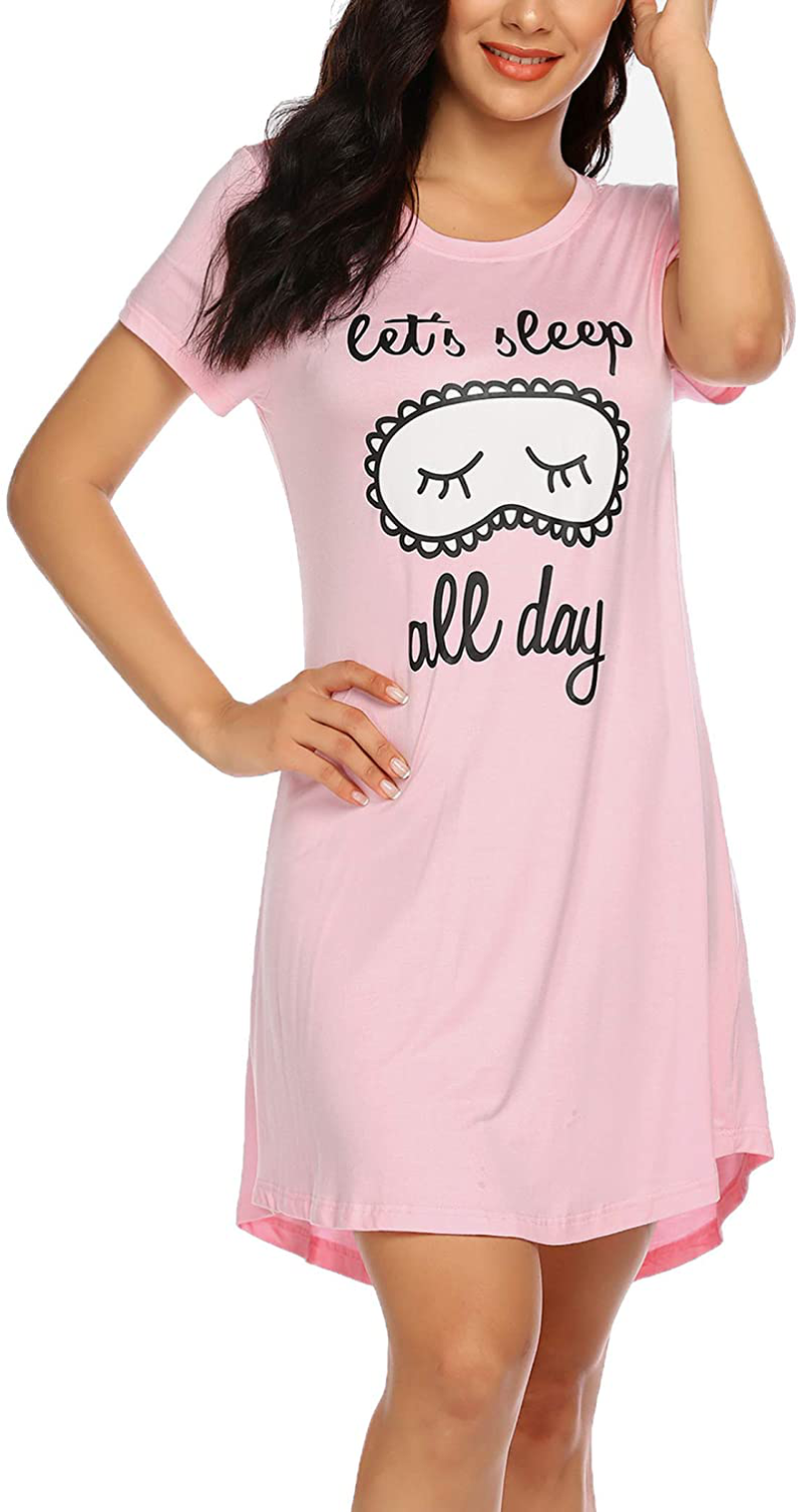 Hotouch Night Shirts Womens Nightgowns Cute round Neck Short Sleeve Printed Sleep Shirts Soft Sleepwear XS-XXL Apparel & Accessories > Clothing > Sleepwear & Loungewear > Nightgowns Kylie Max