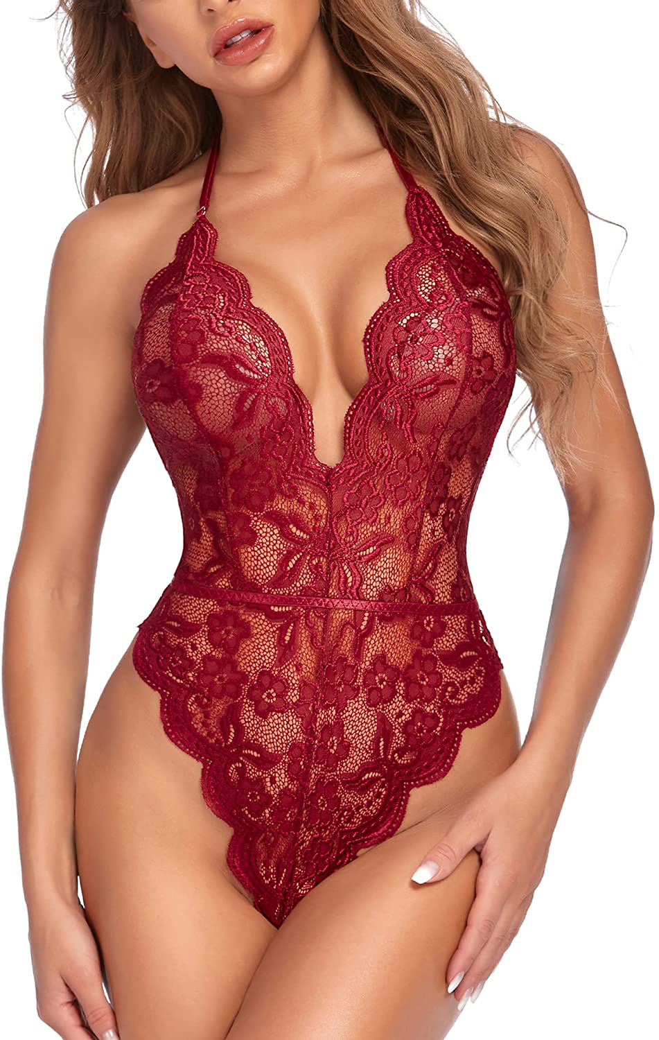 Avidlove Womens Lace Bodysuit Teddy Lingerie Sexy Deep V Halter One Piece Babydoll Apparel & Accessories > Clothing > Underwear & Socks > Lingerie Avidlove Wine Red Small