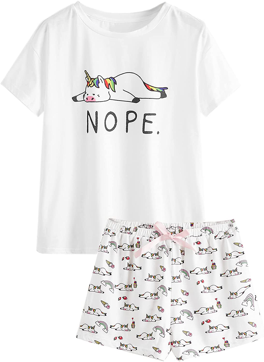 DIDK Women's Cute Cartoon Print Tee and Shorts Pajama Set Apparel & Accessories > Clothing > Sleepwear & Loungewear > Pajamas DIDK Unicorn White Medium