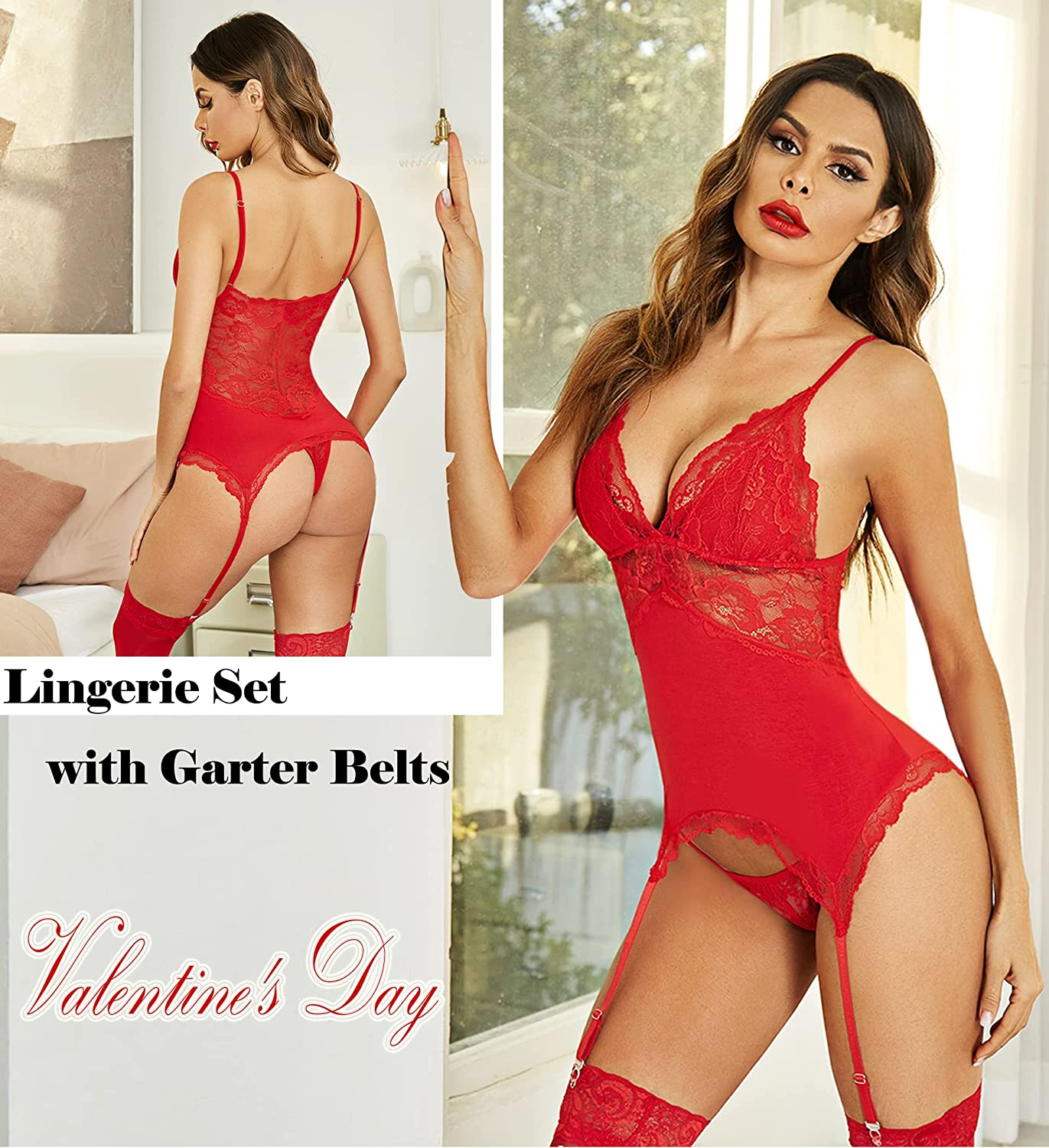 Avidlove Women Chemise Lingerie Set with Garter Belts Lace Babydoll Teddy Nightwear Outfit Apparel & Accessories > Clothing > Underwear & Socks > Lingerie Avidlove
