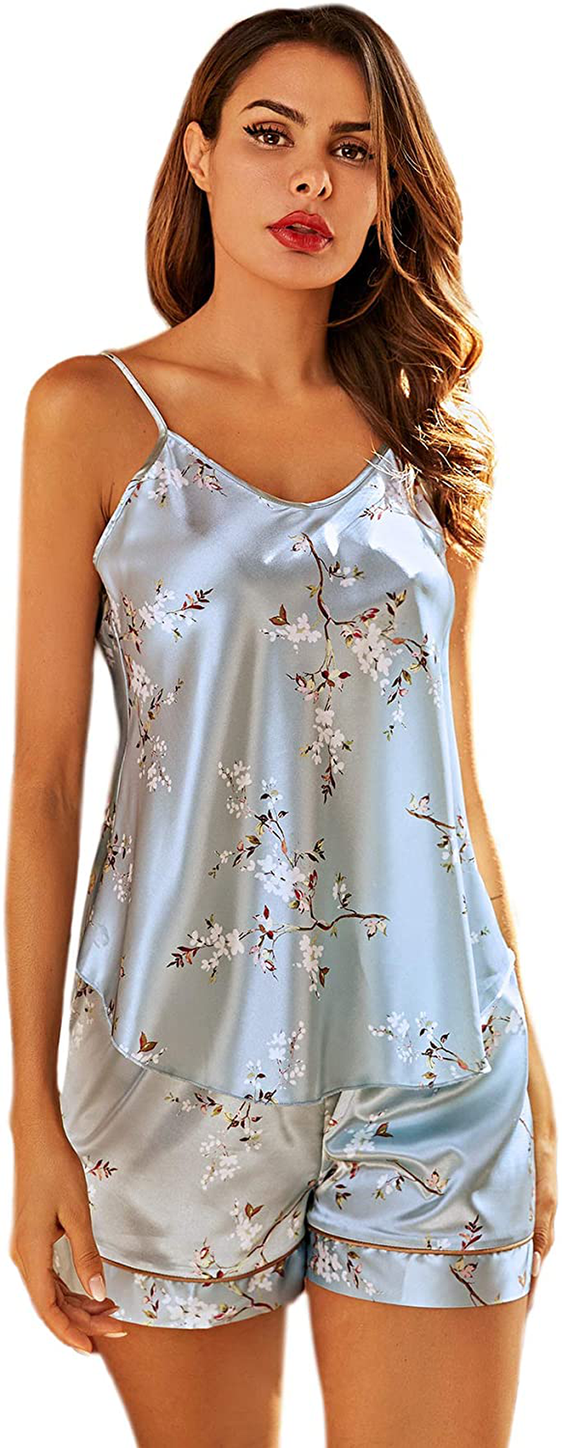 SOLY HUX Women'S Sleepwear 4Pcs Floral Print Satin Cami Pajama Set with Robe Apparel & Accessories > Clothing > Sleepwear & Loungewear Kylie Max