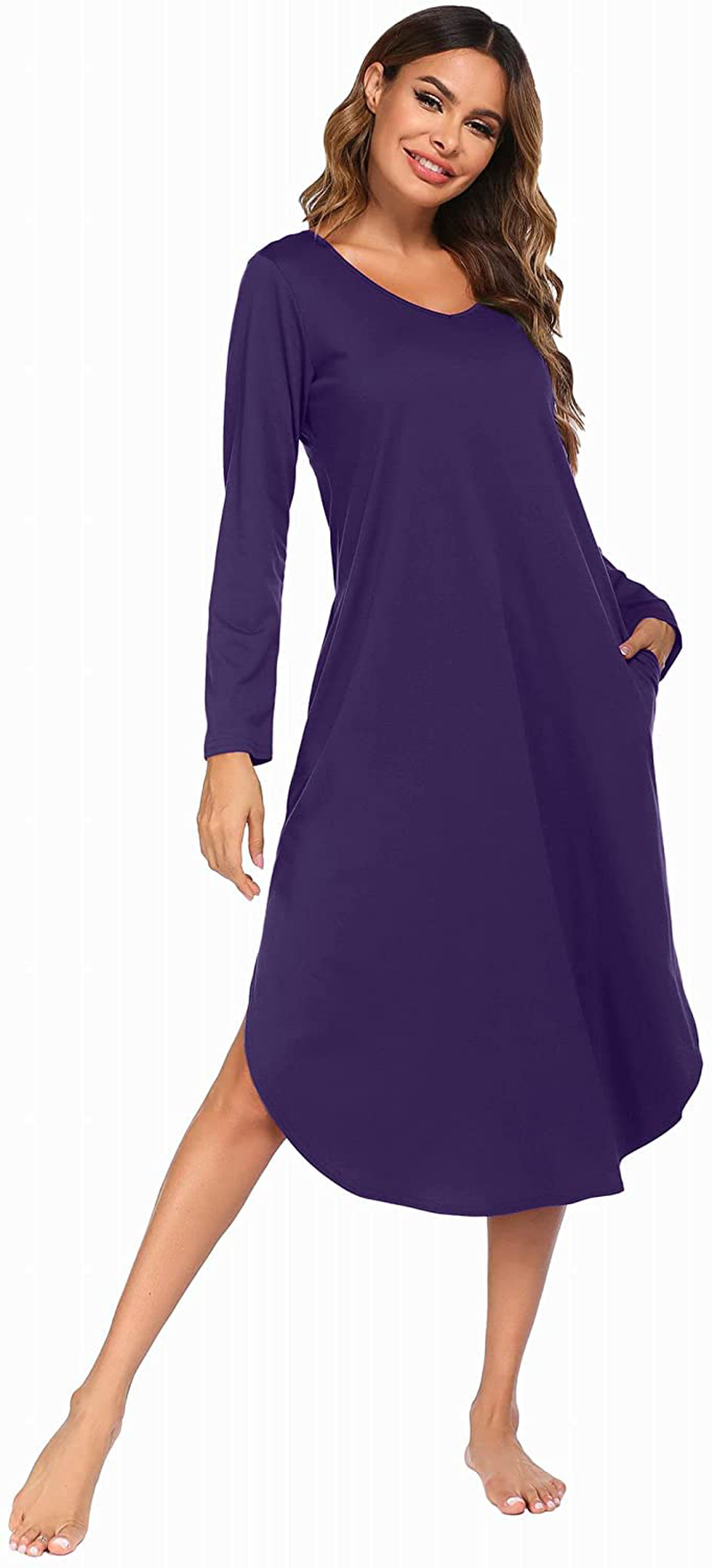 Ekouaer Nightgowns Womens V Neck Nightshirts Long Sleeve Sleepwear plus Size Night Wear S-XXL Apparel & Accessories > Clothing > Sleepwear & Loungewear > Nightgowns Kylie Max