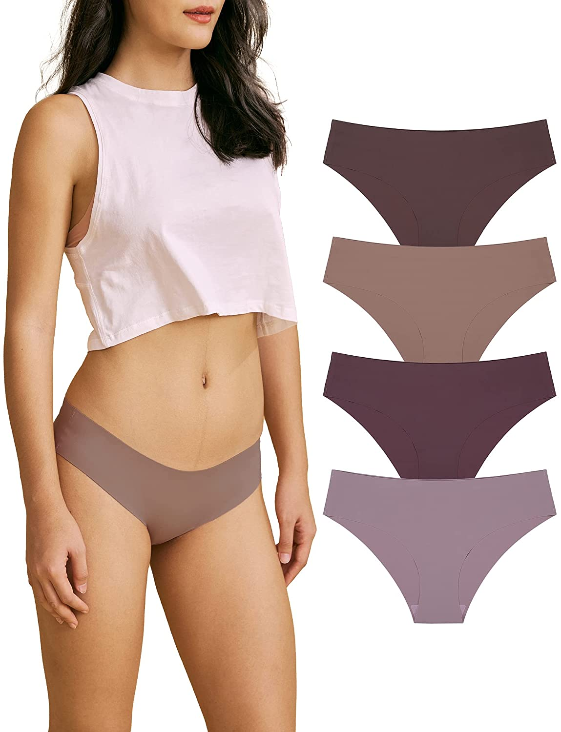 SHARICCA Women Seamless Cheeky Bikini No Show Panties Ladies Invisible Breathable Briefs Soft Stretch Underwear Multi Pack Apparel & Accessories > Clothing > Underwear & Socks > Underwear SHARICCA (4 Pack) Coffe Purplered Taropurple Brown X-Large