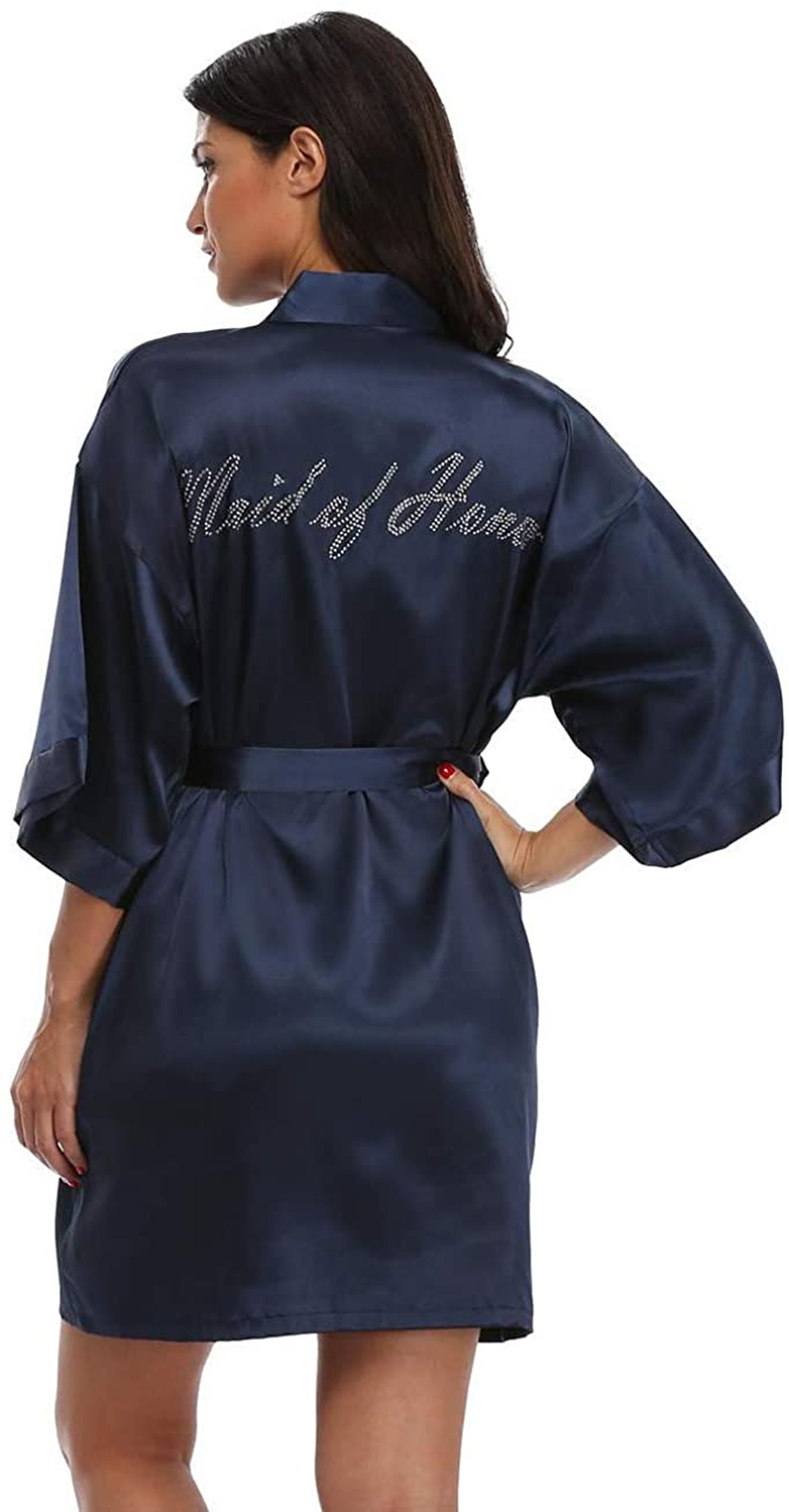 The Bund Women'S Satin Robes for Bride Bridesmaids with Rhinsetones Silk Bridal Party Robe with Gold Glitter Apparel & Accessories > Clothing > Sleepwear & Loungewear > Robes The Bund Maid of Honor-navy Blue Small