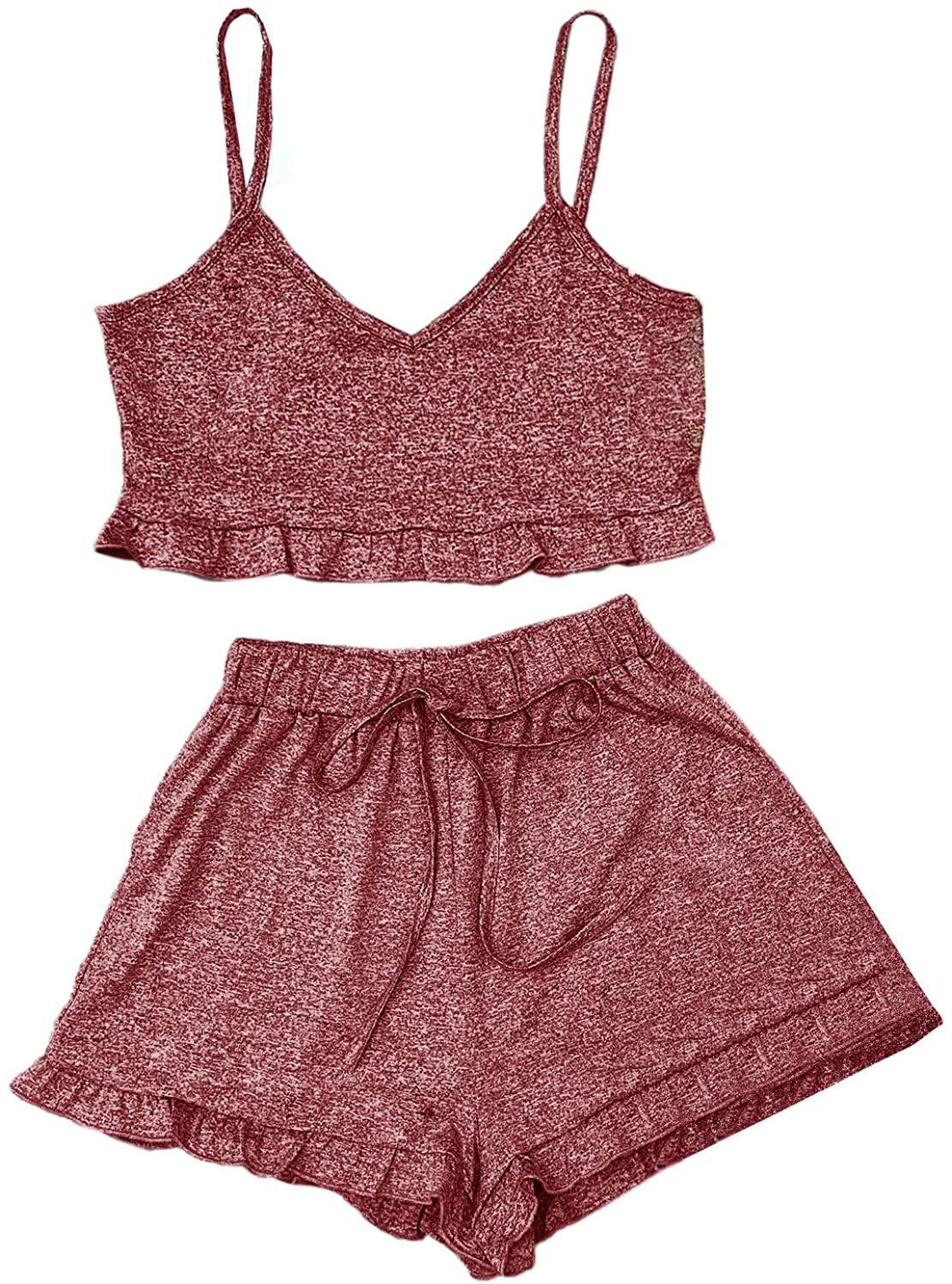Shein Women'S 2 Pieces V Neck Cami Crop Top and Frill Trim Shorts Pajama Set Outfit Apparel & Accessories > Clothing > Sleepwear & Loungewear Kylie Max