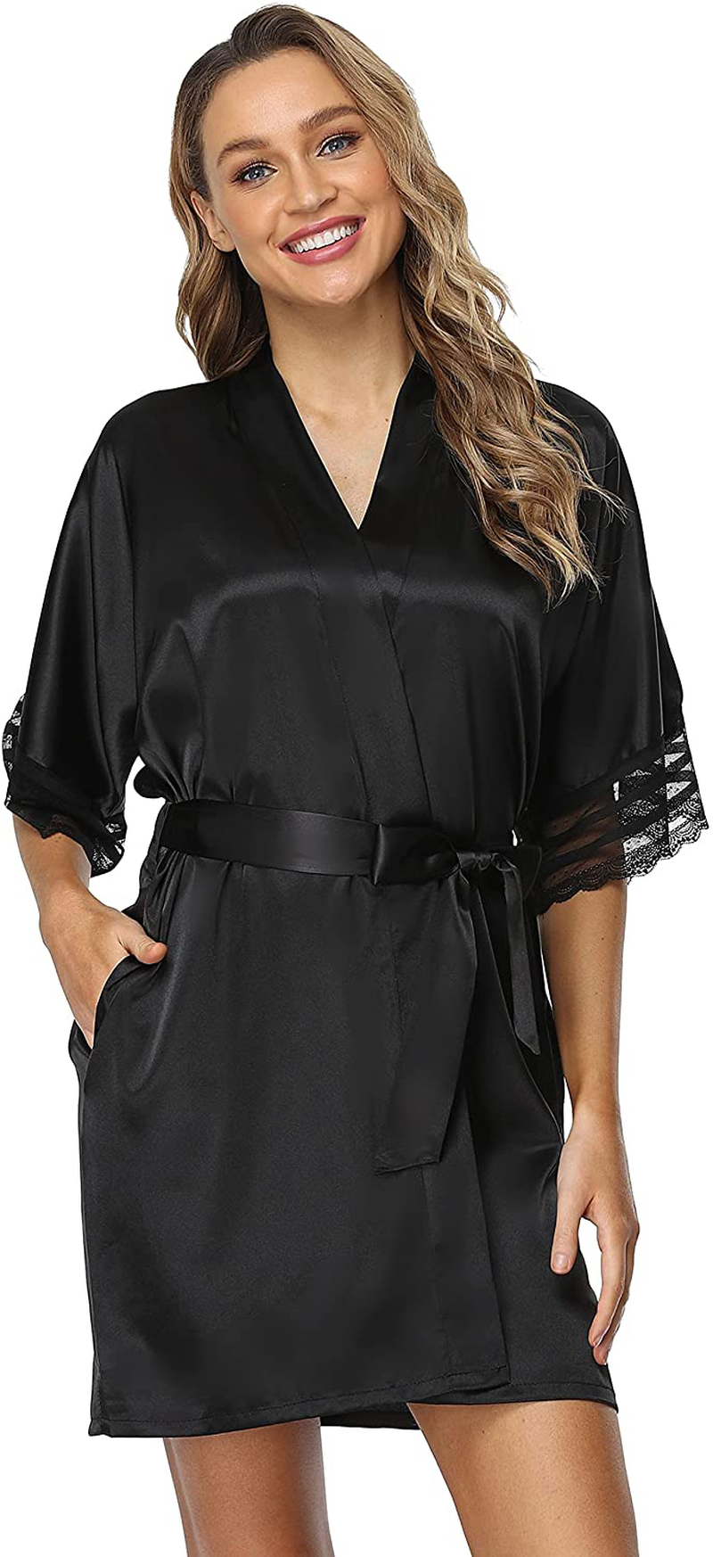The Bund Women'S Short Robes Lace Bride Bridesmaids Sexy Bathrobe Satin Spa Robe Pure Color Apparel & Accessories > Clothing > Sleepwear & Loungewear > Robes The Bund