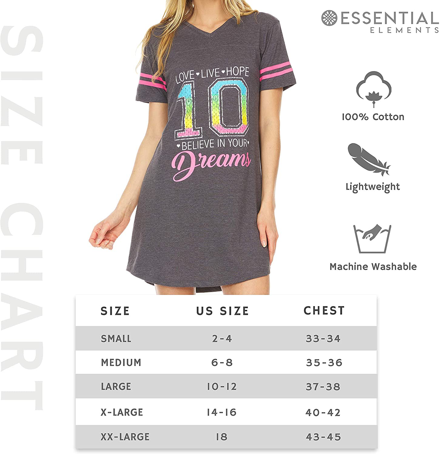 Essential Elements 3 Pack: Womens 100% Cotton Sleep Shirt - Soft Printed Sleep Dress Nightgown Sleepwear Pajama Nightshirt Apparel & Accessories > Clothing > Sleepwear & Loungewear > Nightgowns Kylie Max