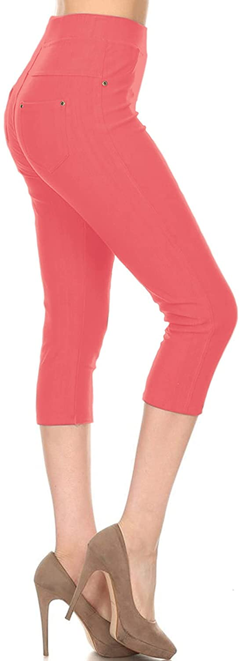 Leggings Depot Premium Quality Women's Cotton Blend Stretch Pull-on Jeggings with Pockets Apparel & Accessories > Clothing > Activewear LEGGINGS DEPOT Capri-hot Coral 1X-2X