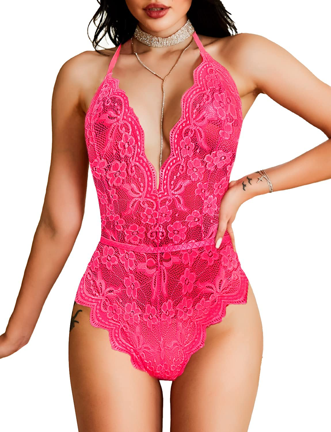 Lace Bodysuit for Women Lingerie Eyelash Teddy Lingerie Naughty Negligee Bodysuit Underwear Apparel & Accessories > Clothing > Underwear & Socks > Lingerie Dlsave Lpink Small