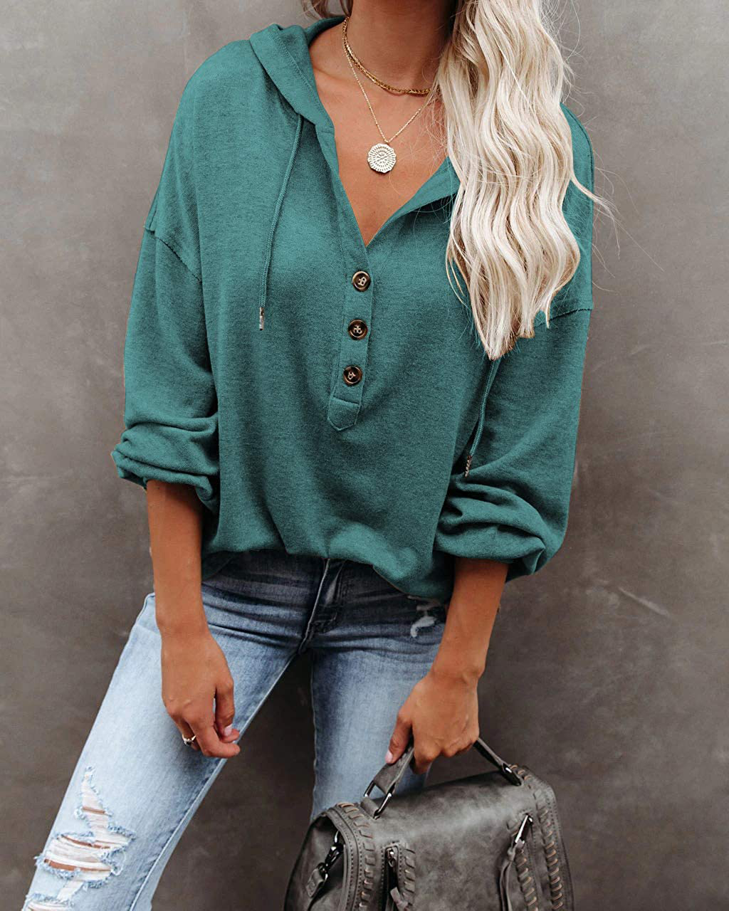 REVETRO Womens V Neck Long Sleeve Henley Shirts Button down Sweatshirts Hoodies Tunic Tops with Drawstring Apparel & Accessories > Clothing > Activewear Kylie Max