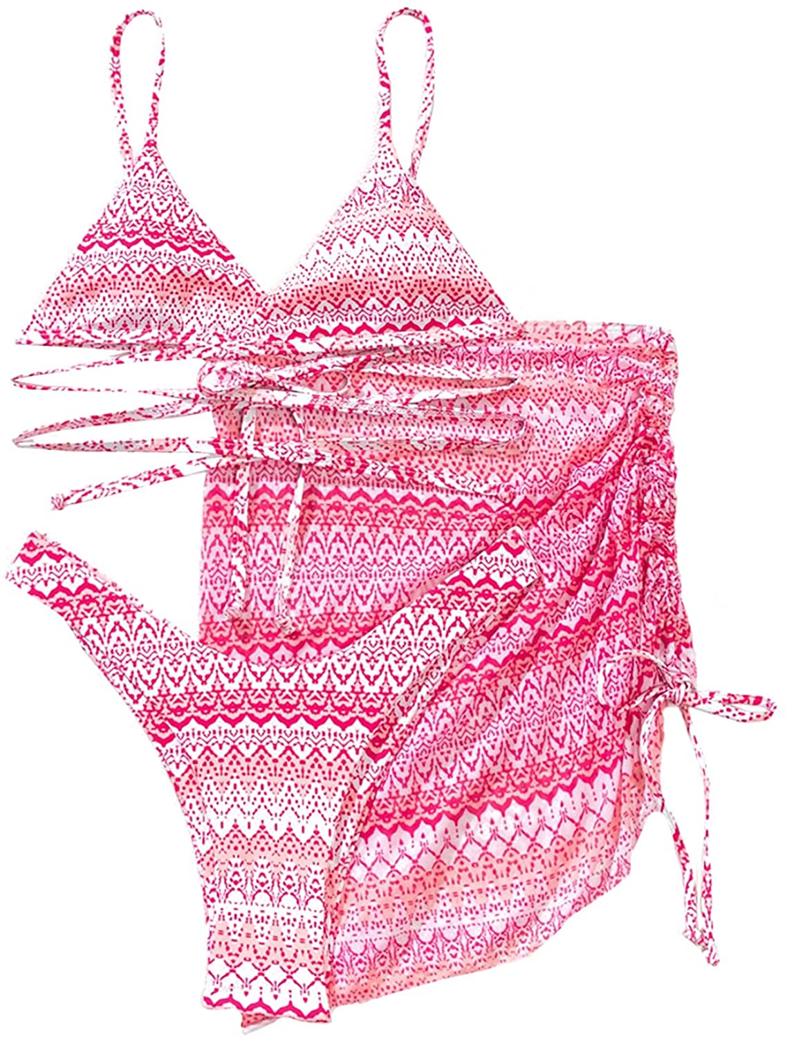 SOLY HUX Women'S Tie Dye Wrap Bikini Bathing Suits with Mesh Beach Skirt 3 Piece Swimsuits Apparel & Accessories > Clothing > Underwear & Socks > Lingerie KYLIE MAX Pink Allover Print Large