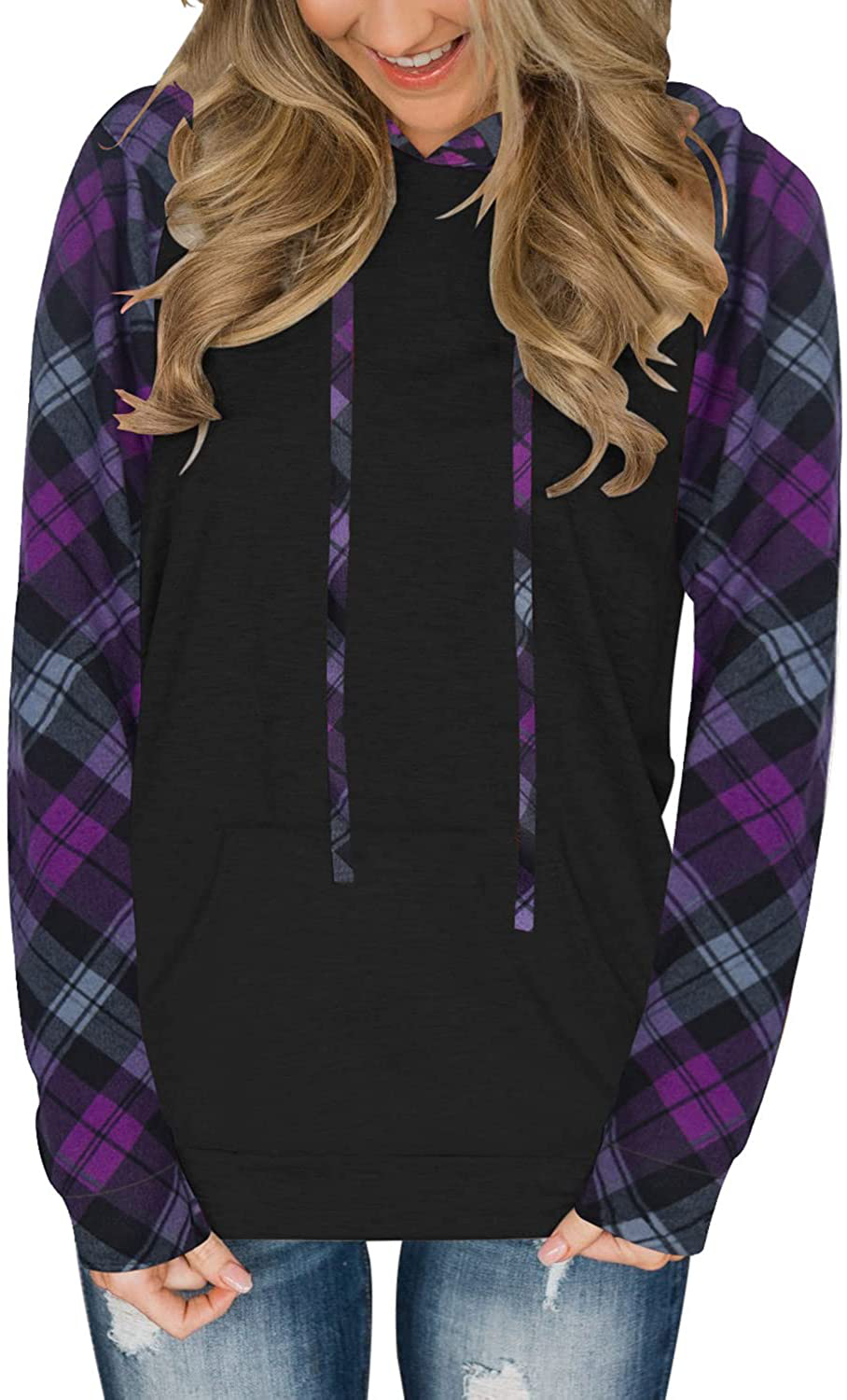 PINKMSTYLE Womens Color Block Hoodies Casual Lightweight Drawstring Pullover Sweatshirt Fall Long Sleeve Tops with Pocket Apparel & Accessories > Clothing > Activewear Kylie Max