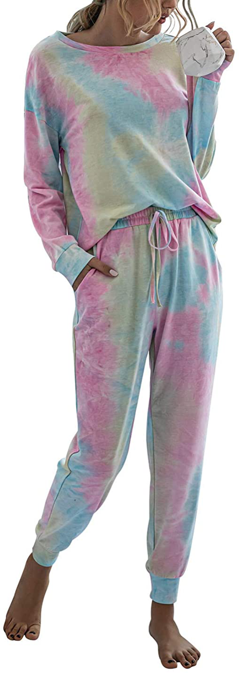 PRETTYGARDEN Women’s Tie Dye Two Piece Pajamas Set Long Sleeve Sweatshirt with Long Pants Sleepwear Apparel & Accessories > Clothing > Sleepwear & Loungewear > Pajamas PRETTYGARDEN Multicolor Small