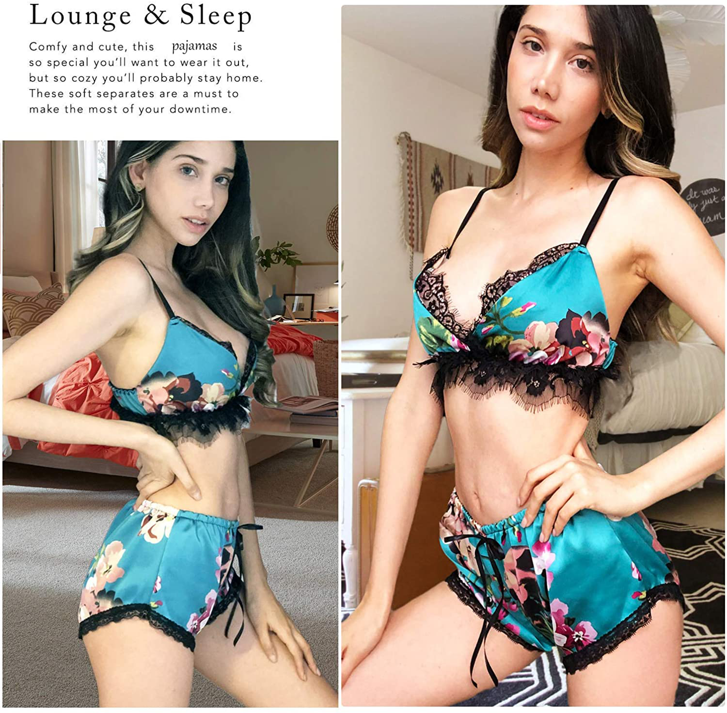 Lingerie for Women Floral Sexy Satin Pajama Sets Lace Trim Cami and Shorts Two Piece Straps Bralette and Panty Sleepwear Apparel & Accessories > Clothing > Sleepwear & Loungewear Kylie Max