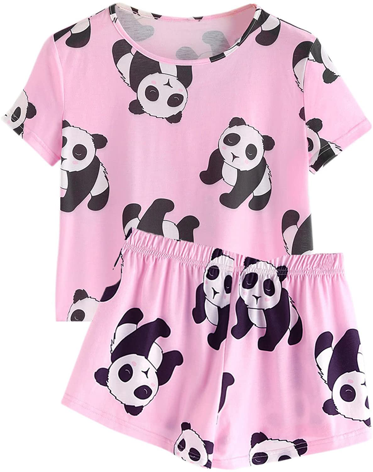 DIDK Women's Cute Cartoon Print Tee and Shorts Pajama Set Apparel & Accessories > Clothing > Sleepwear & Loungewear > Pajamas DIDK Panda Pink Large