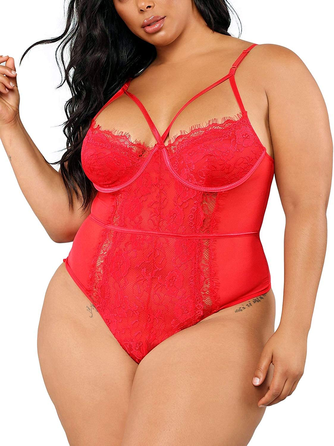 Plus Size Lingerie for Women Sexy Eyelash Lace Bodysuit Naughty Mesh One Piece Teddy Outfits Apparel & Accessories > Clothing > Underwear & Socks > Lingerie Ella Lust Red 3X-Large