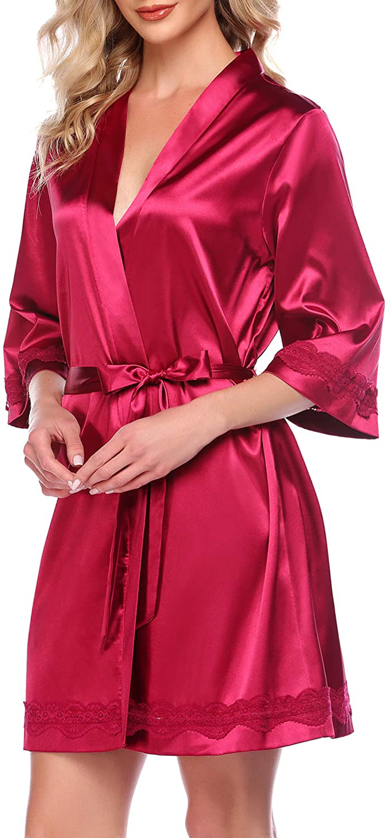 Ekouaer Women'S Lace-Trim Kimono Style Short Satin Robe Sleepwear with 3/4 Sleeve Apparel & Accessories > Clothing > Sleepwear & Loungewear > Robes Kylie Max