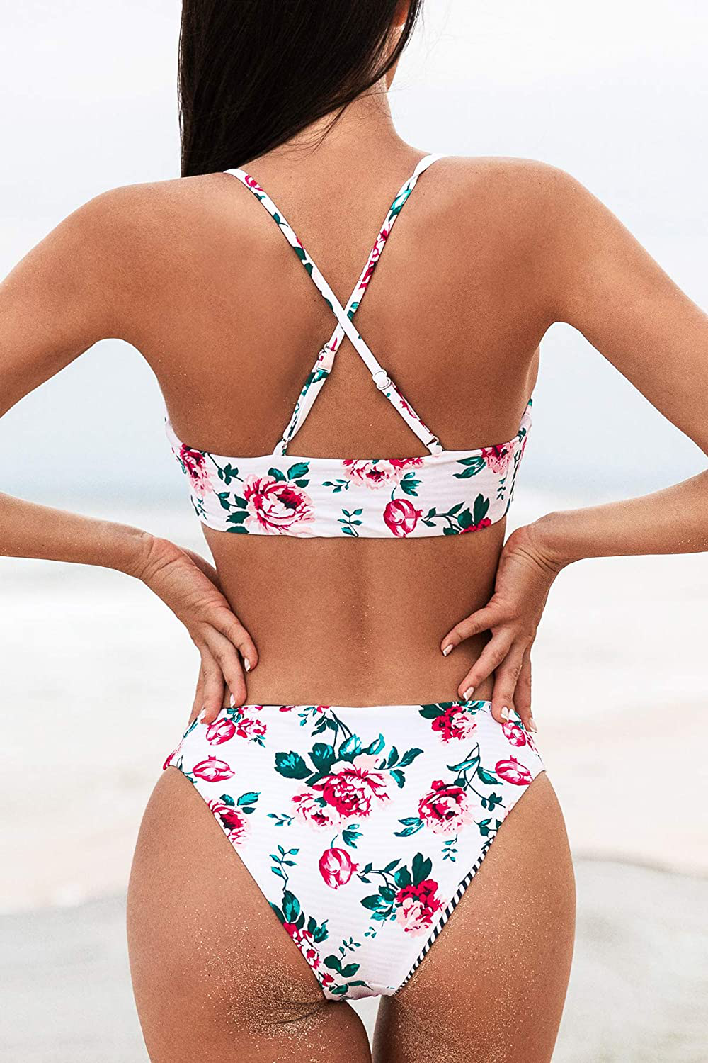 CUPSHE Women's Reversible Lace Up Bikini Sets Floral and Striped Apparel & Accessories > Clothing > Swimwear CUPSHE