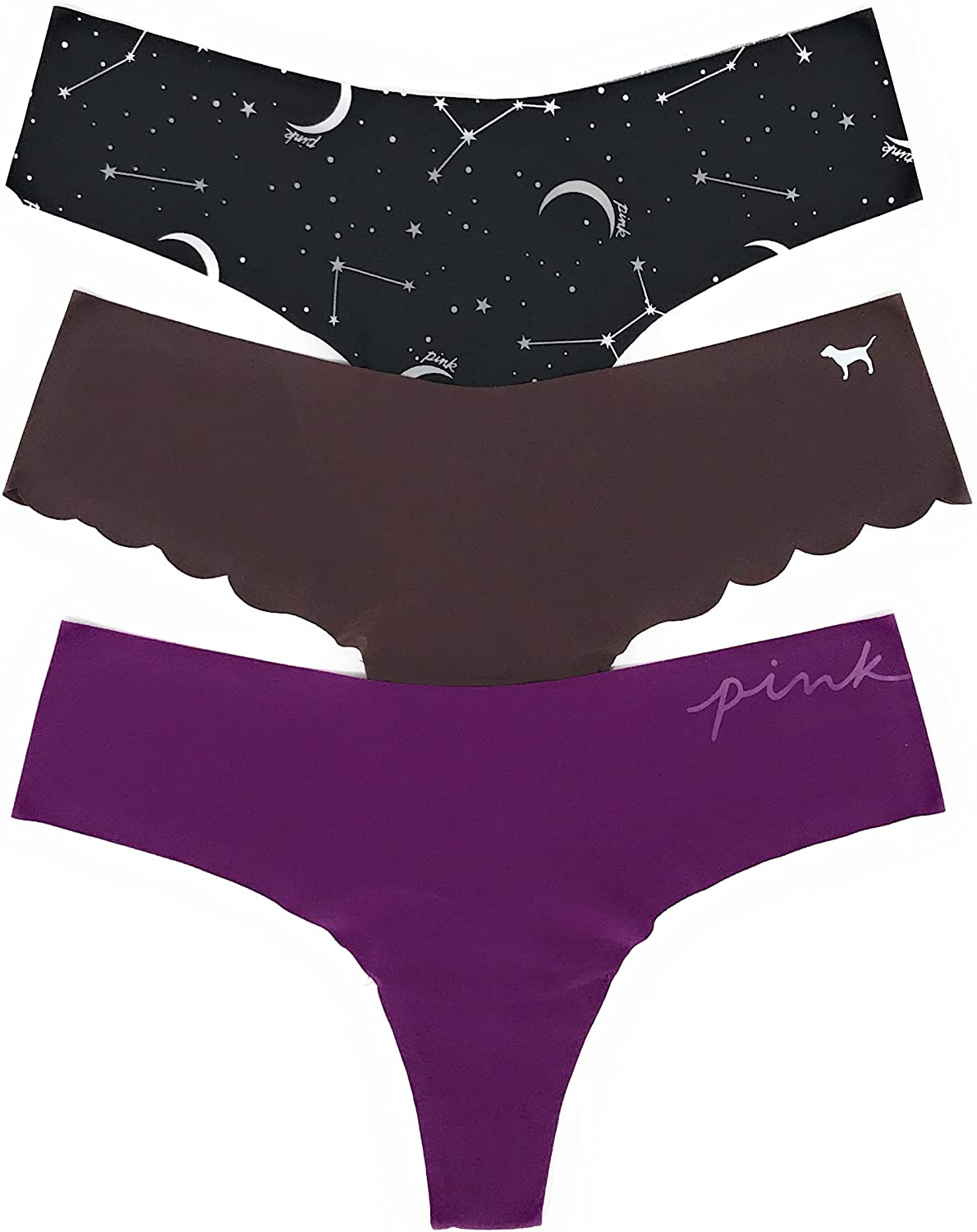 Victoria's Secret PINK Thong Panty Set of 3 Apparel & Accessories > Clothing > Underwear & Socks > Underwear Victoria's Secret No-show Black Celestial / Burnt Umber / Violet Small