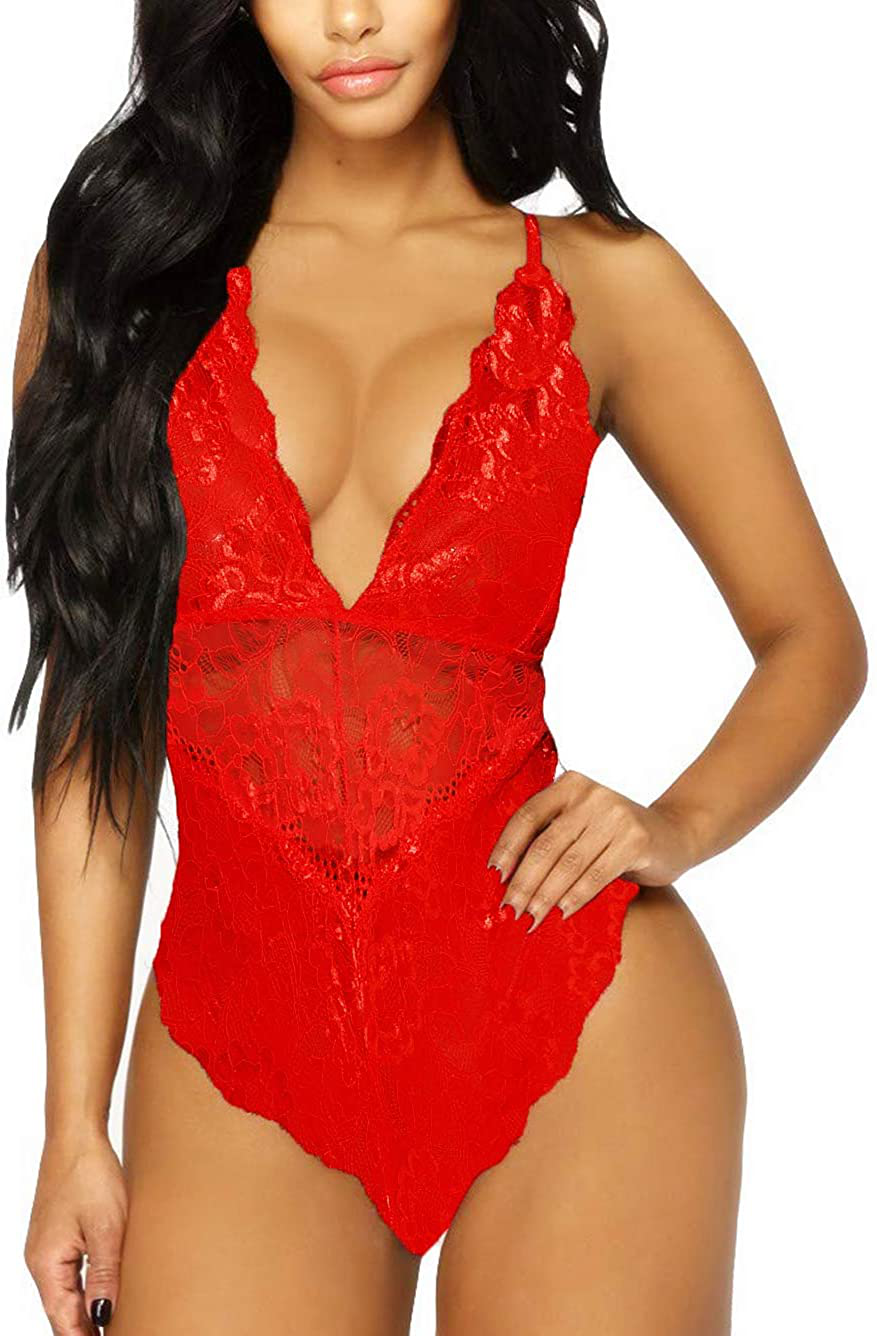 Kaei&Shi V-Neck See Through Lingerie Floral Lace Babydoll Sexy Lingerie for Women One Piece Bodysuit Apparel & Accessories > Clothing > Underwear & Socks > Lingerie Kaei&Shi