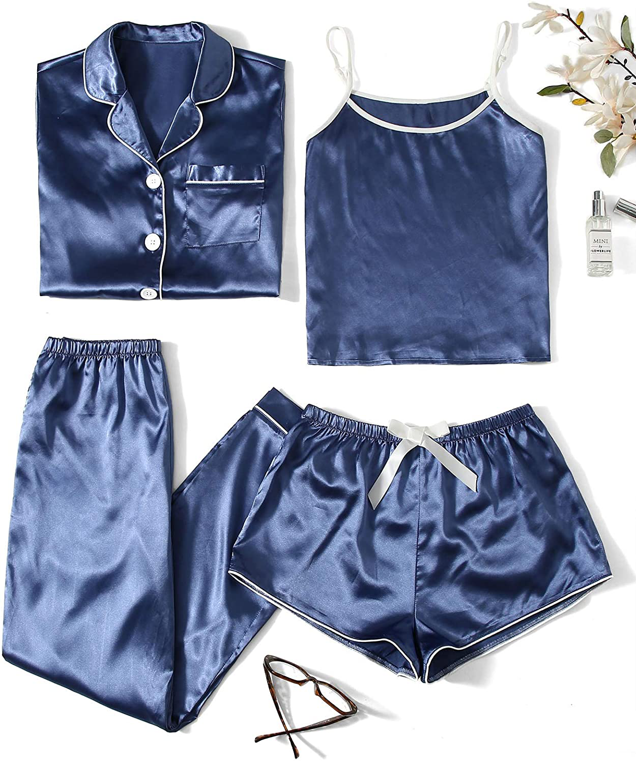 WDIRARA Women'S Silk Satin Pajama Set 4 Pieces Sleepwear Loungewear Pj Sets Apparel & Accessories > Clothing > Sleepwear & Loungewear Kylie Max