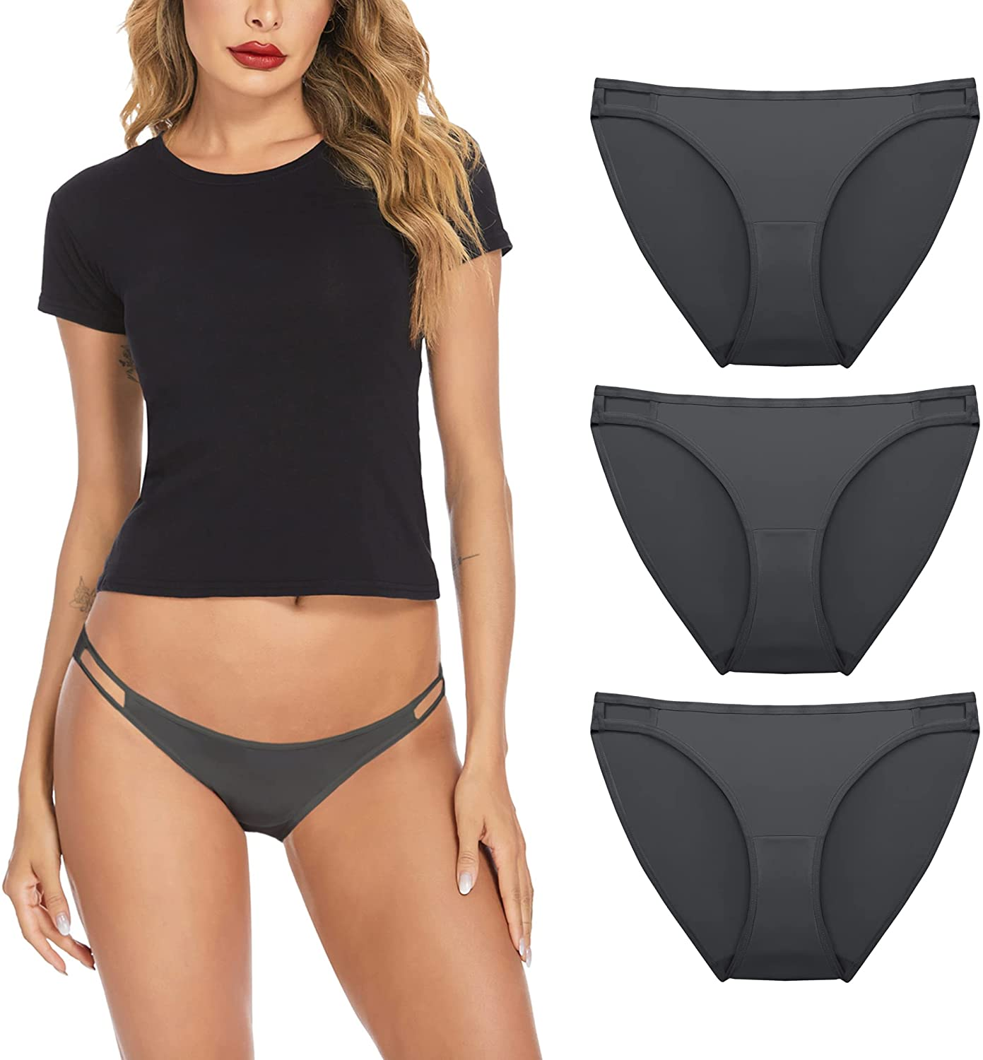 Ekouaer Sexy Ice Silk Bikini Underwear Panty Womens Seamless String Briefs Soft Stretch Breathable Invisible Panty 3 Pack Apparel & Accessories > Clothing > Underwear & Socks > Underwear Ekouaer Gray(3pack) Large