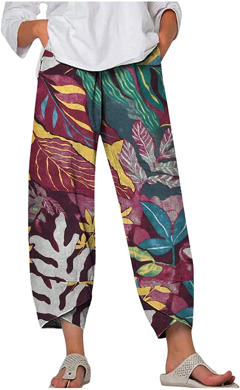 Burband Womens Floral Print Boho Yoga Pants Elephant Linen Harem Pants Wide Leg Work Trousers Palazzo Lounge Hippie Clothes Apparel & Accessories > Clothing > Underwear & Socks > Shapewear Burband Red XX-Large