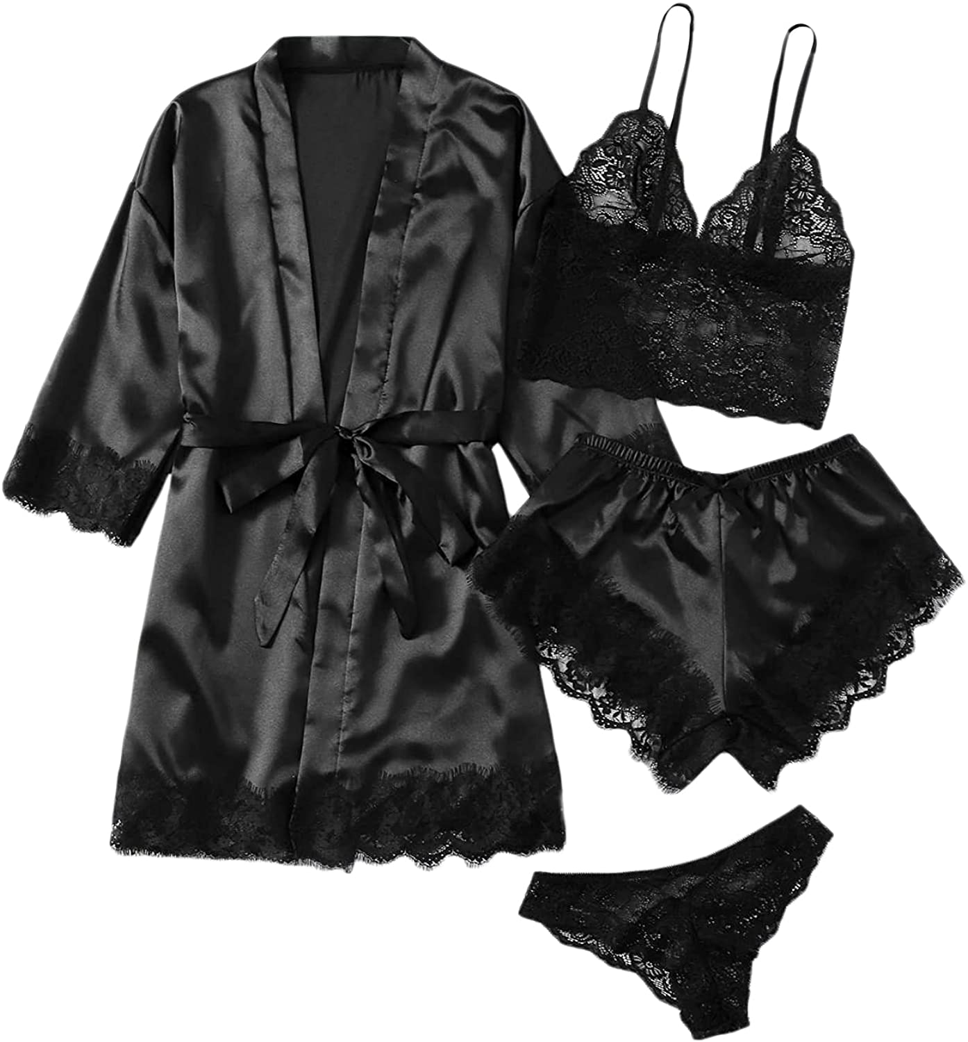 WDIRARA Women'S 4 Pieces Satin Floral Lace Cami Top Lingerie Pajama Set with Robe Apparel & Accessories > Clothing > Underwear & Socks > Lingerie WDIRARA Black a Large