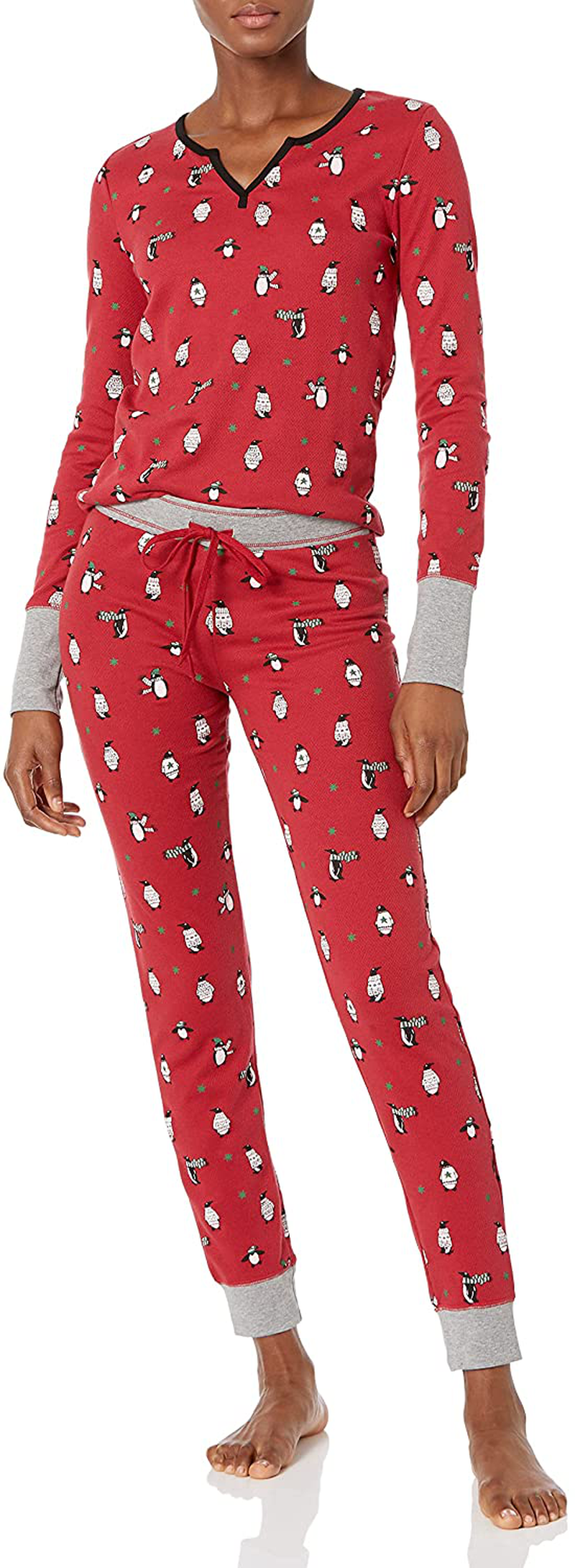 Mae Women's Vintage Thermal Henley Long Sleeve Top with Jogger Pajama Set Apparel & Accessories > Clothing > Sleepwear & Loungewear > Pajamas Mae Red/Black Penguins Large