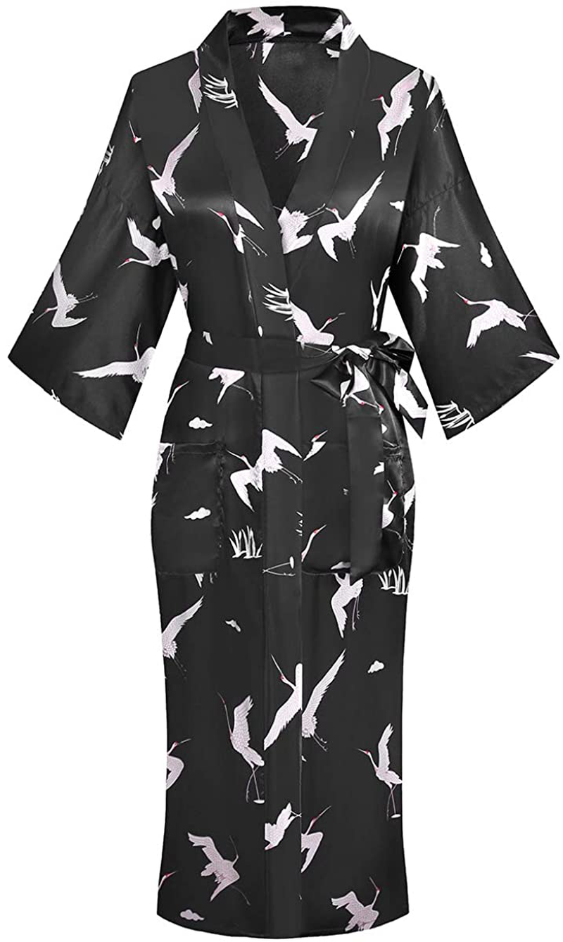 Dandychic Women'S Kimono Robes Lightweight Imitation Silk Sleepwear Long Lightweight Nightgown for Women Apparel & Accessories > Clothing > Sleepwear & Loungewear > Robes DandyChic Black/Crane Small