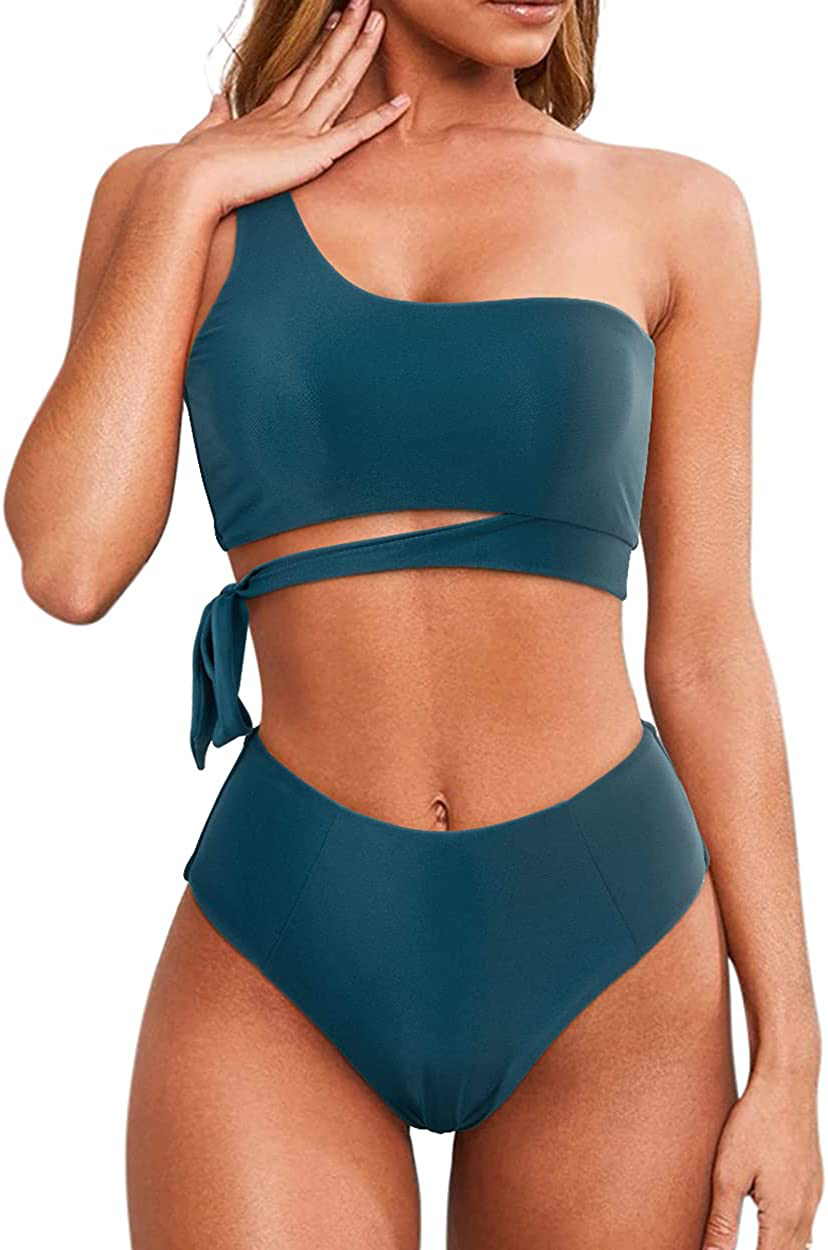 MOOSLOVER Women One Shoulder High Waisted Bikini Tie High Cut Two Piece Swimsuits Apparel & Accessories > Clothing > Swimwear MOOSLOVER Navy Blue X-Large