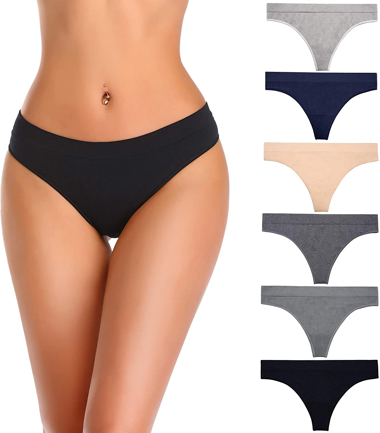 Nowketon Thongs for Women, Seamless No Show Thong, Stretchy Spandex Nylon Underwear Apparel & Accessories > Clothing > Underwear & Socks > Underwear NOWKETON 6 Pack - Basic X-Large