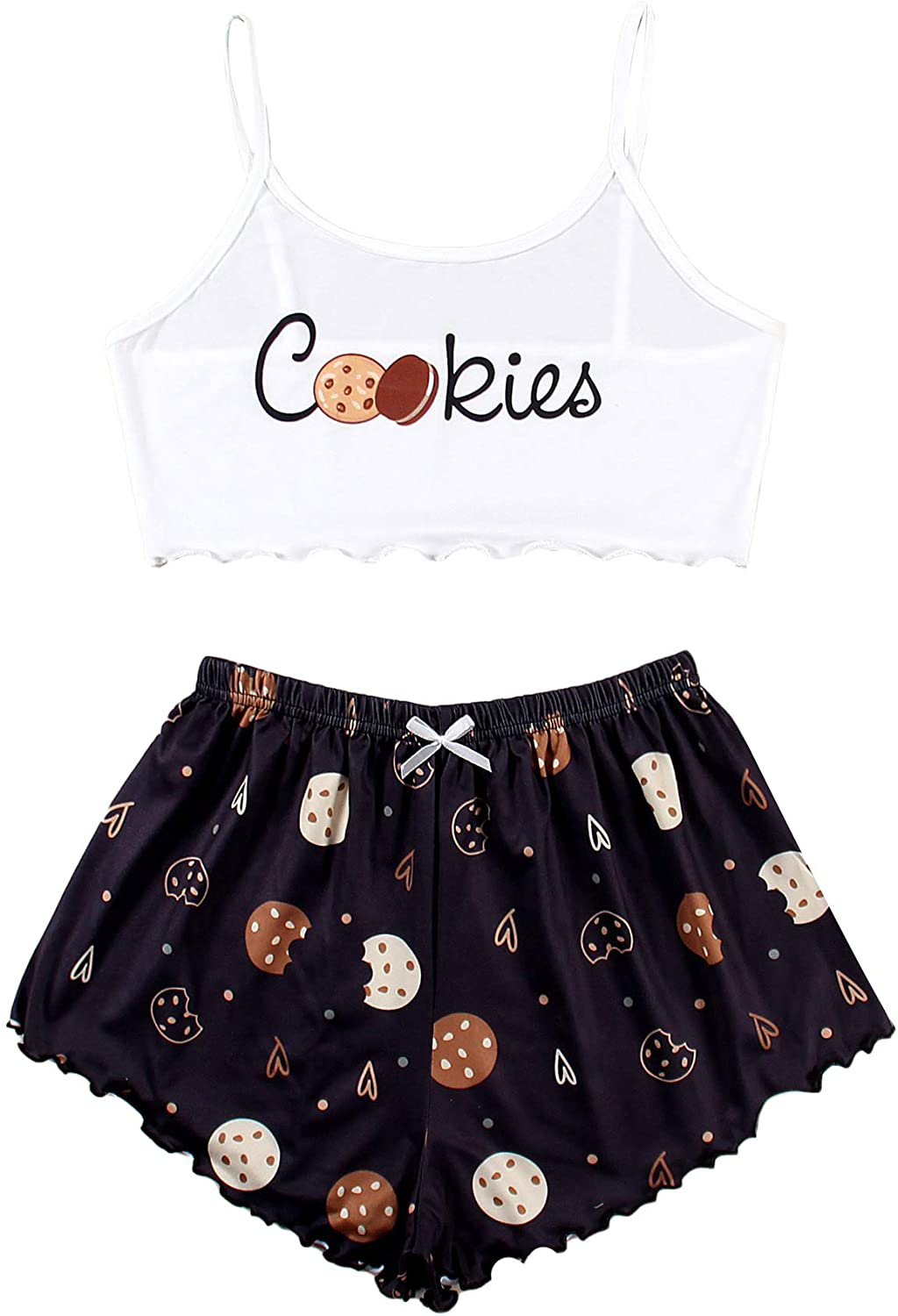 SOLY HUX Women'S Cartoon Print Lettuce Trim Cami Top and Shorts Cute Pajama Set Sleepwear Apparel & Accessories > Clothing > Sleepwear & Loungewear Kylie Max