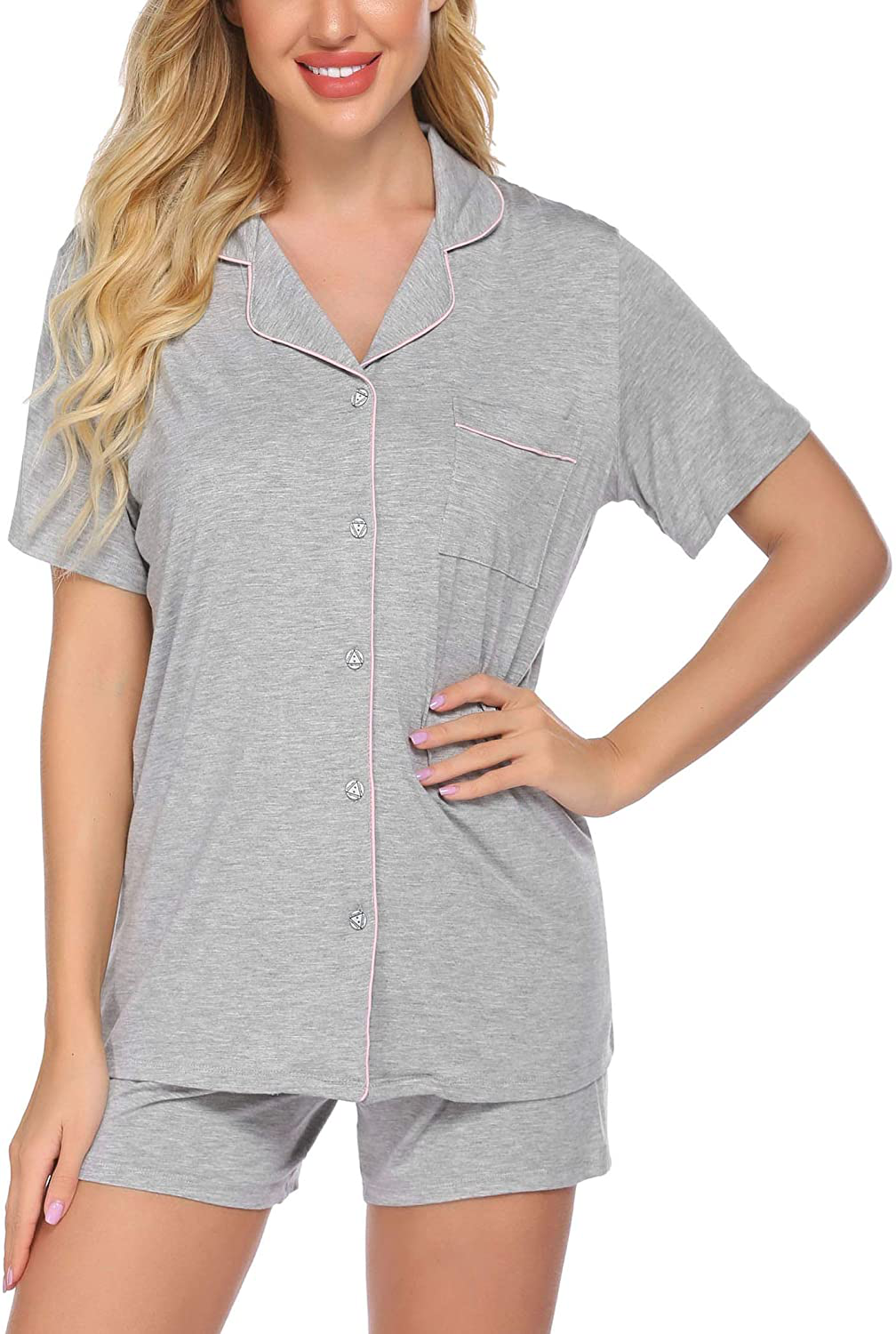 Ekouaer Pajamas Set Short Sleeve Sleepwear Womens Button Down Nightwear Soft Pj Lounge Sets XS-XXL Apparel & Accessories > Clothing > Sleepwear & Loungewear > Pajamas Ekouaer Flower Gray Large